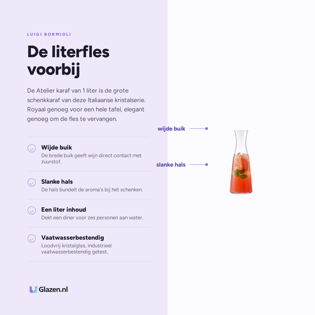 Infographic met de eigenschappen van Luigi Bormioli Atelier Karaf 1 Liter
