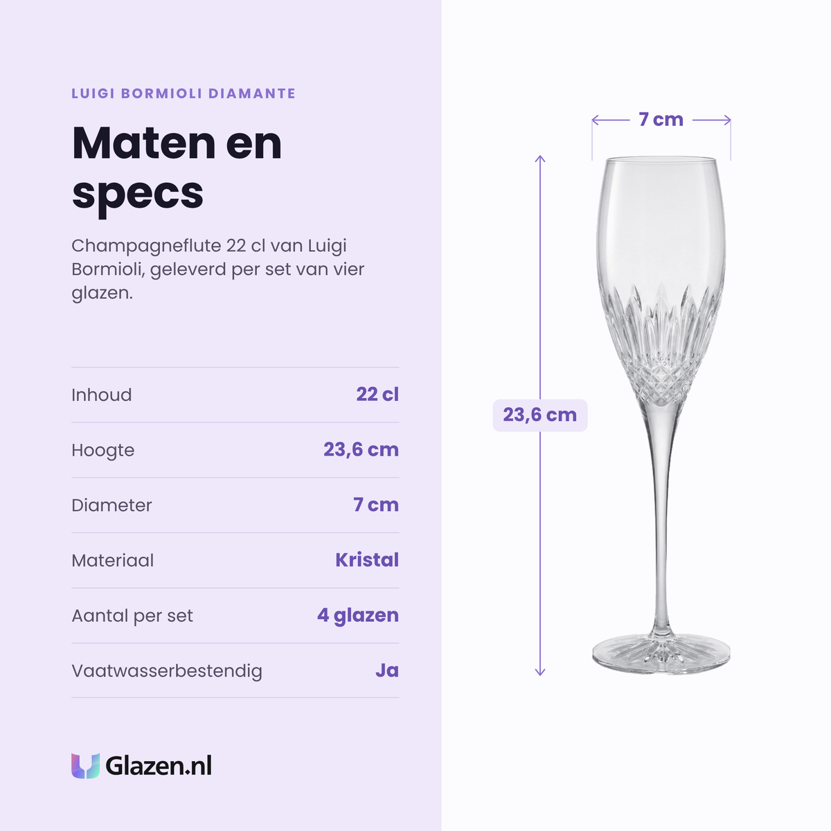 Luigi Bormioli Diamante champagneflute 22 cl specificaties: inhoud 22 cl, hoogte 23,6 cm, diameter 7 cm, kristal, set van 4