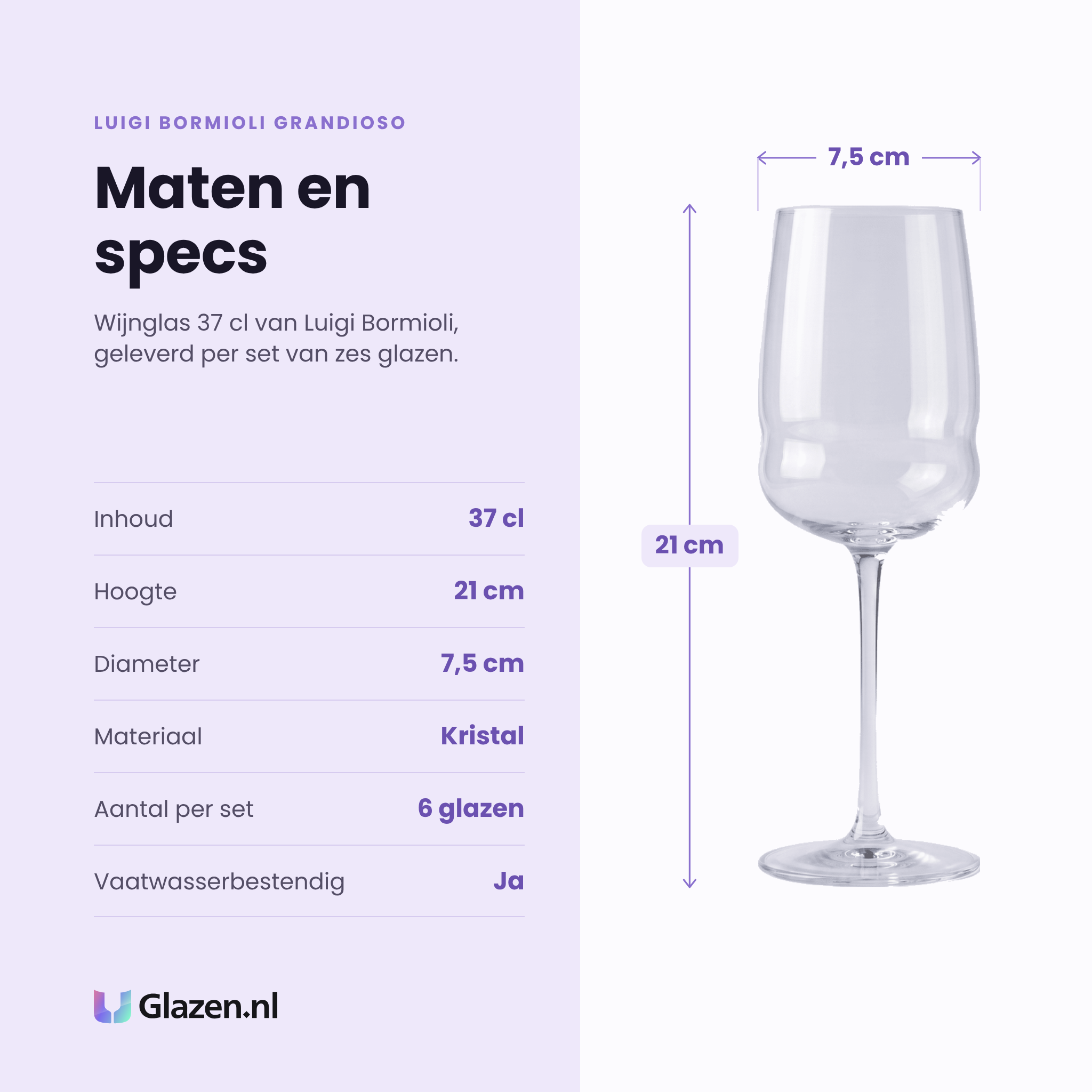 Luigi Bormioli Grandioso wijnglas 37 cl specificaties: inhoud 37 cl, hoogte 21 cm, diameter 7,5 cm, kristal, set van 6