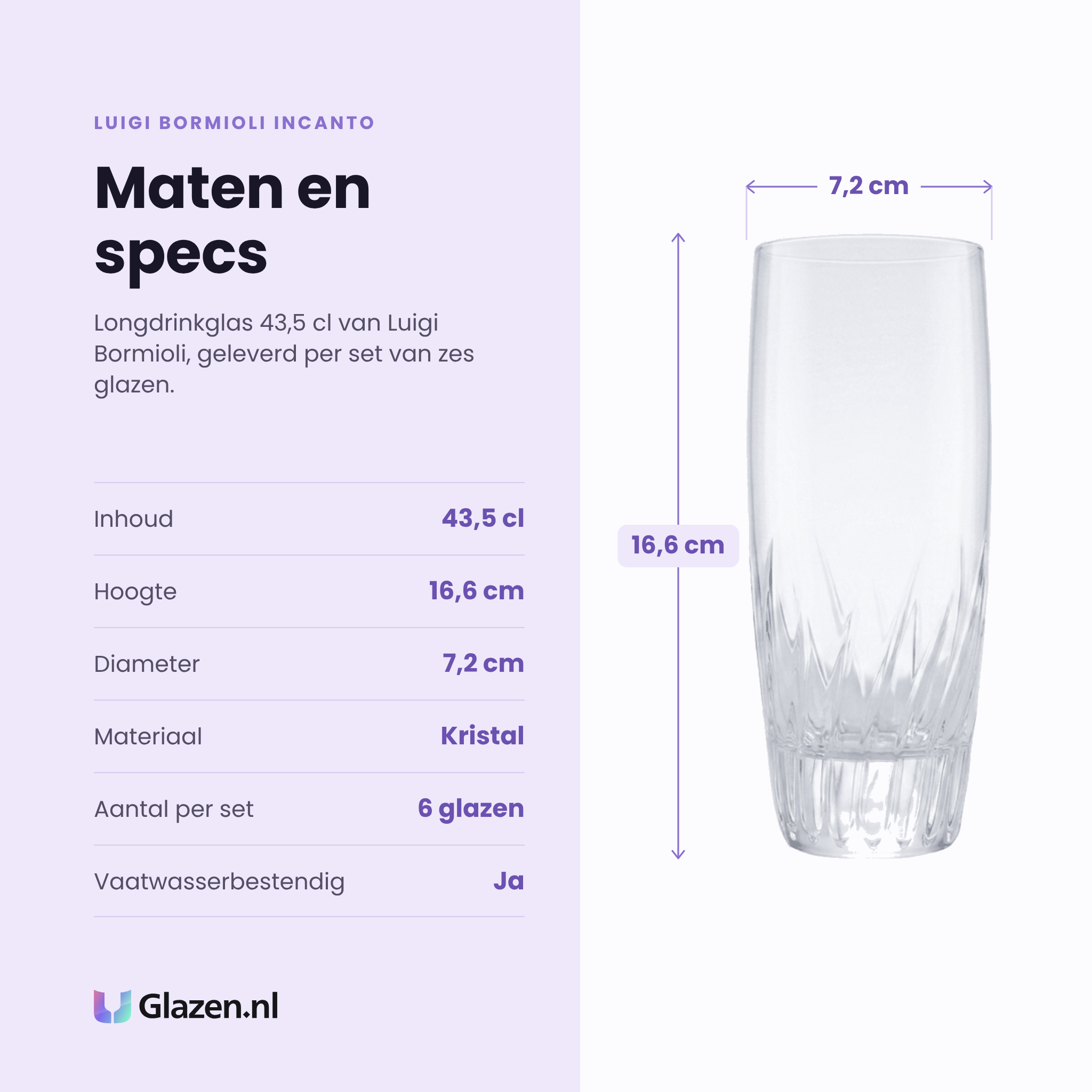 Luigi Bormioli Incanto longdrinkglas 43,5 cl specificaties: inhoud 43,5 cl, hoogte 16,6 cm, diameter 7,2 cm, kristal, set van 6