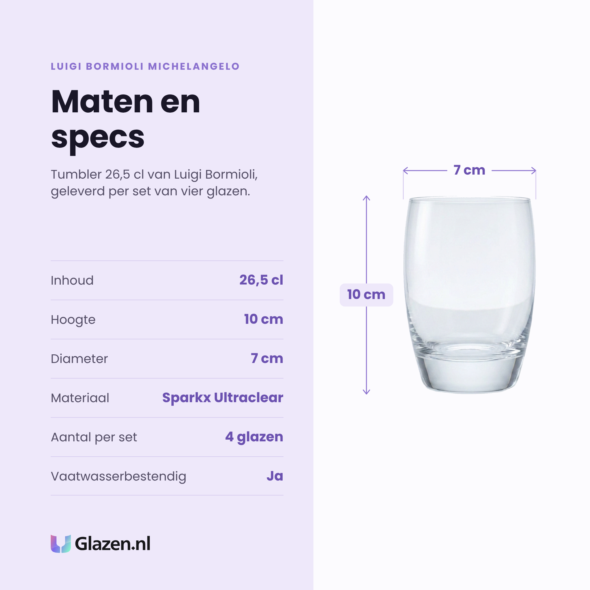 Luigi Bormioli Michelangelo tumbler 26,5 cl specificaties: inhoud 26,5 cl, hoogte 10 cm, diameter 7 cm, kristalglas, set van 4