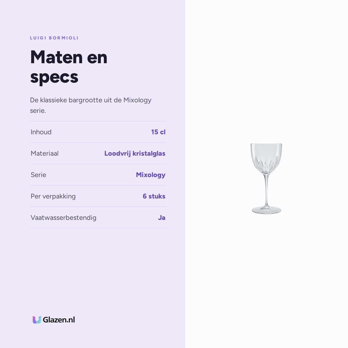 Maten en specs van Luigi Bormioli Mixology Cocktailglas 15 Cl Nick & Nora