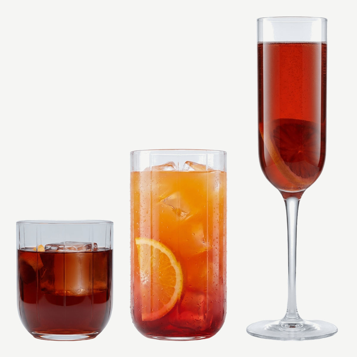 Luigi Bormioli Mixology Jazz barset met tumbler, longdrinkglas en champagneflute gevuld