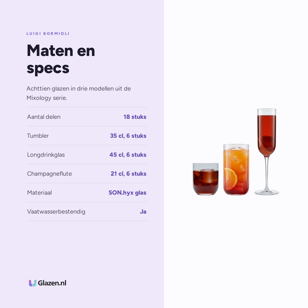 Maten en specificaties van de Luigi Bormioli Mixology Jazz Barset 18-Delig (Tumbler, Longdrink & Champagne)