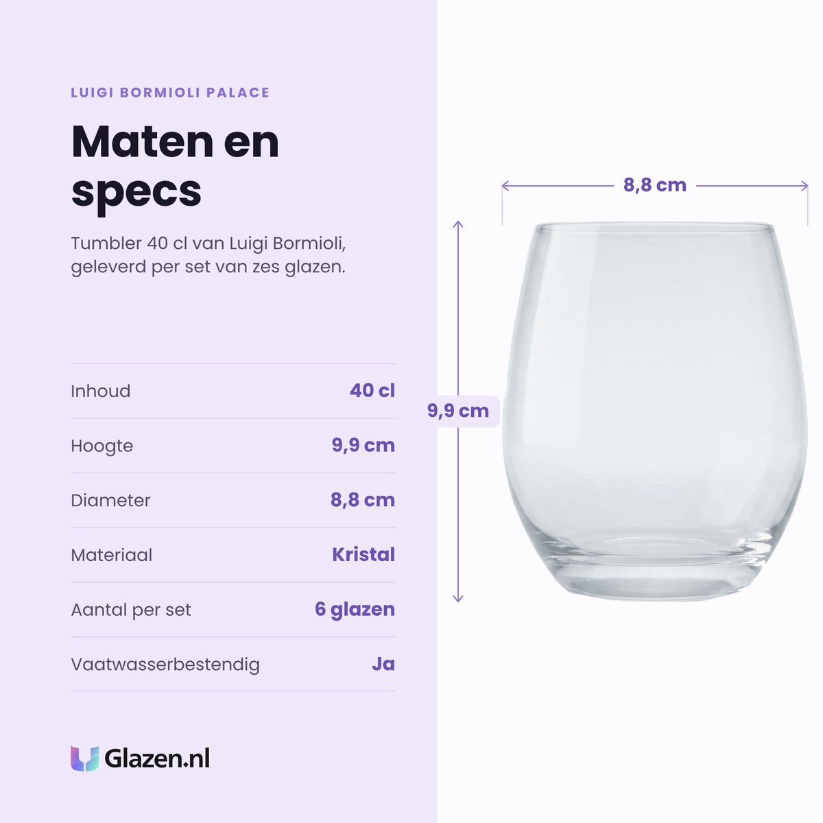 Luigi Bormioli Palace tumbler 40 cl specificaties: inhoud 40 cl, hoogte 9,9 cm, diameter 8,8 cm, kristal, set van 6