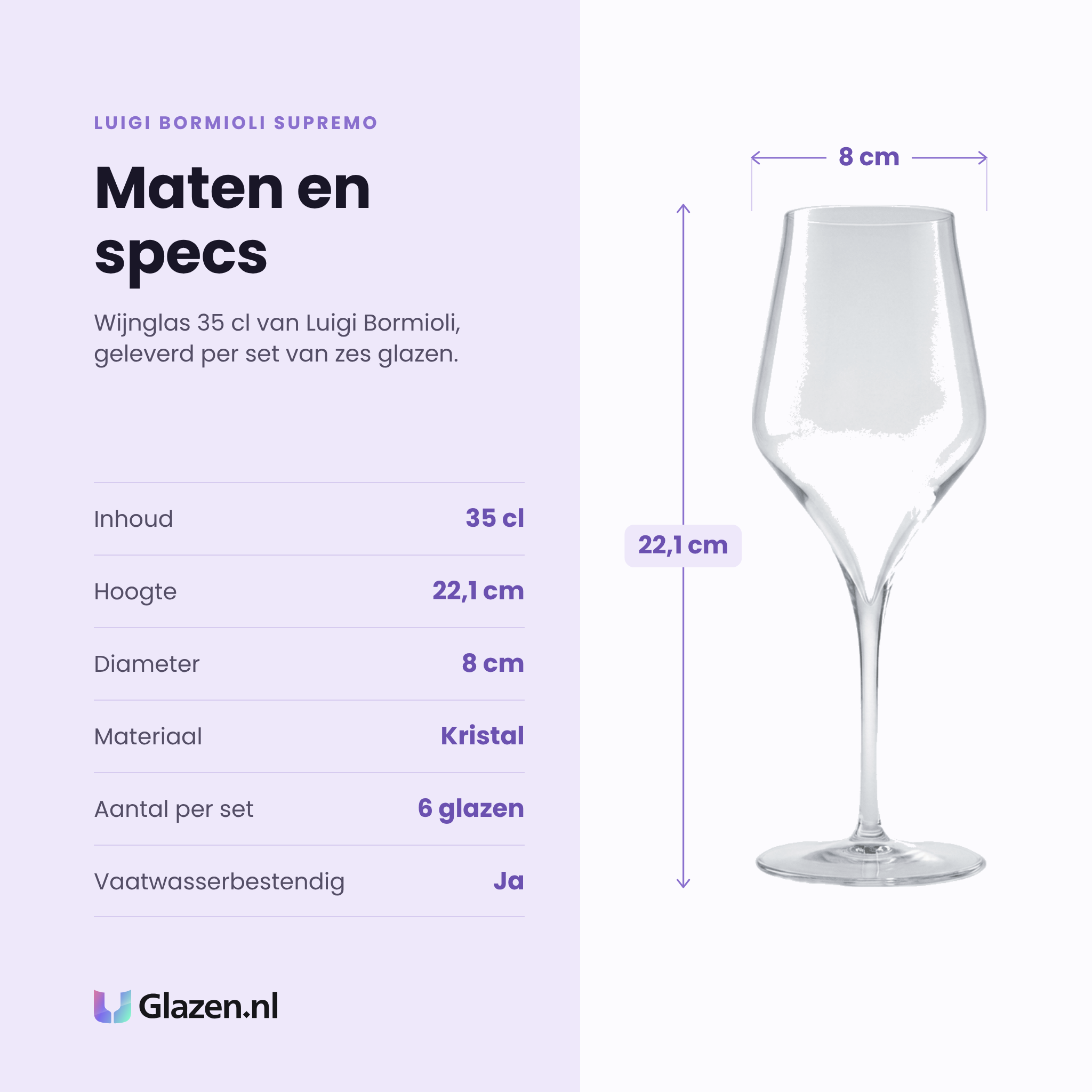 Luigi Bormioli Supremo wijnglas 35 cl specificaties: inhoud 35 cl, hoogte 22,1 cm, diameter 8 cm, kristal, set van 6