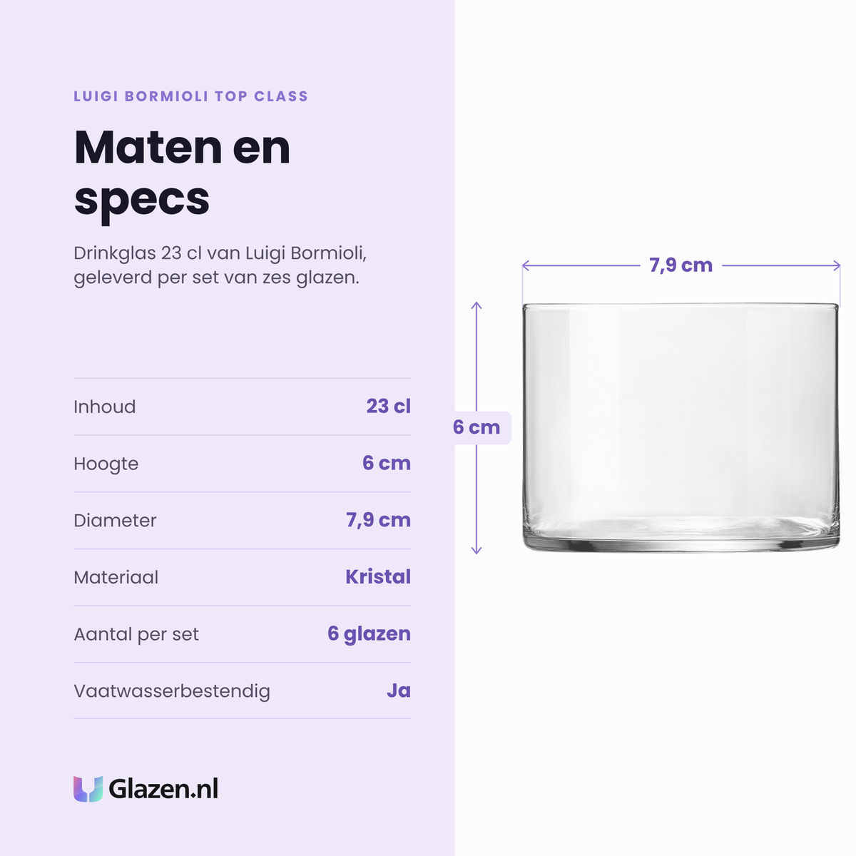 Luigi Bormioli Top Class drinkglas 23 cl specificaties: inhoud 23 cl, hoogte 6 cm, diameter 7,9 cm, kristal, set van 6