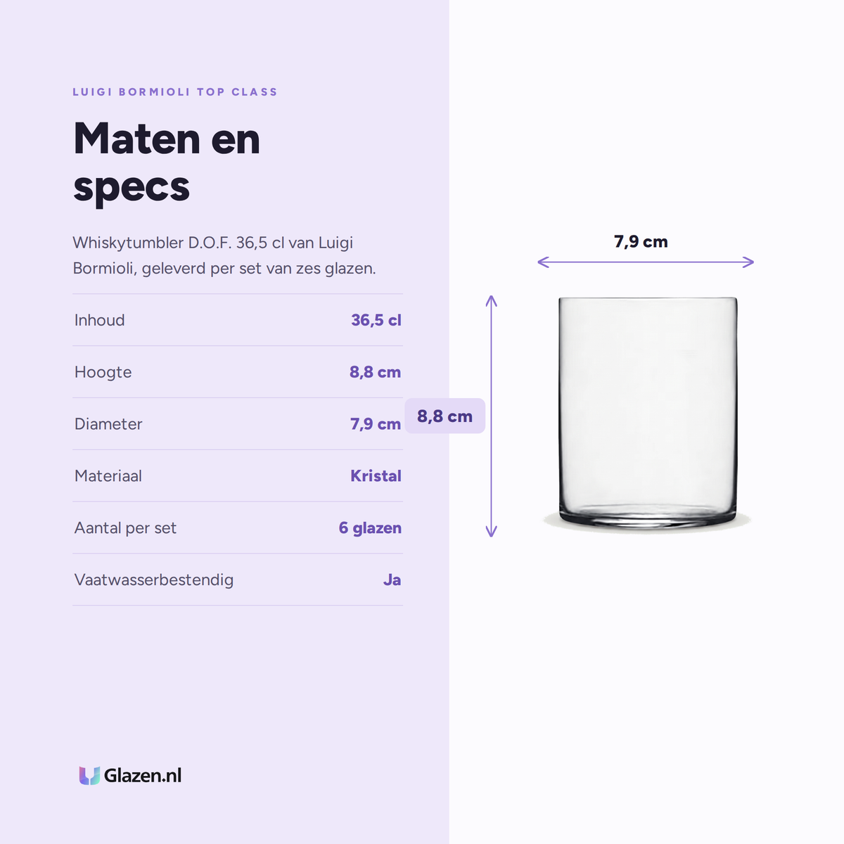 Luigi Bormioli Top Class Tumbler D.O.F. 36,5 Cl specificaties: inhoud 36,5 cl, hoogte 8,8 cm, diameter 7,9 cm, materiaal Kristal, aantal per set 6 glazen, vaatwasserbestendig Ja