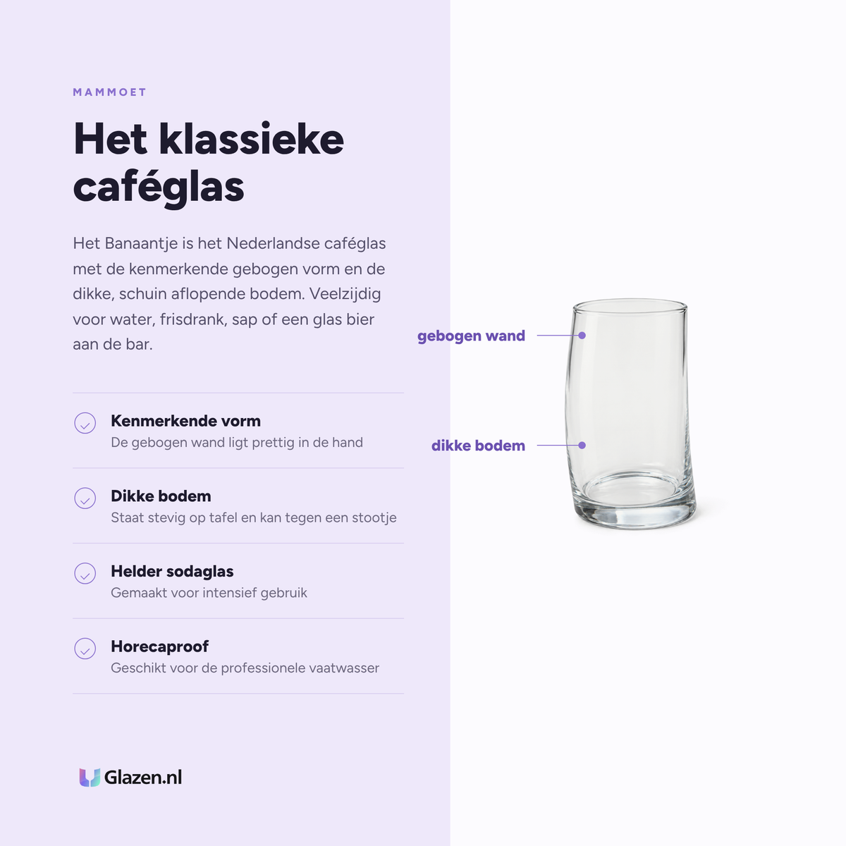 Infographic met de eigenschappen van Mammoet Banaantje waterglas 27 cl