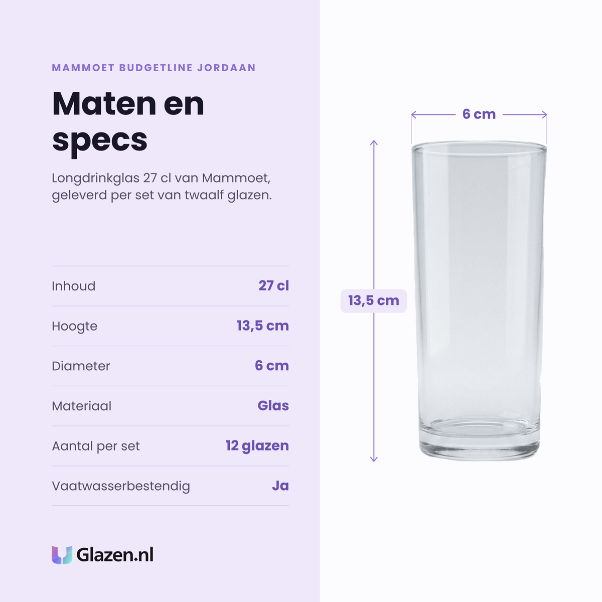 Mammoet Budgetline Jordaan longdrinkglas 27 cl specificaties: inhoud 27 cl, hoogte 13,5 cm, diameter 6 cm, glas, set van 12