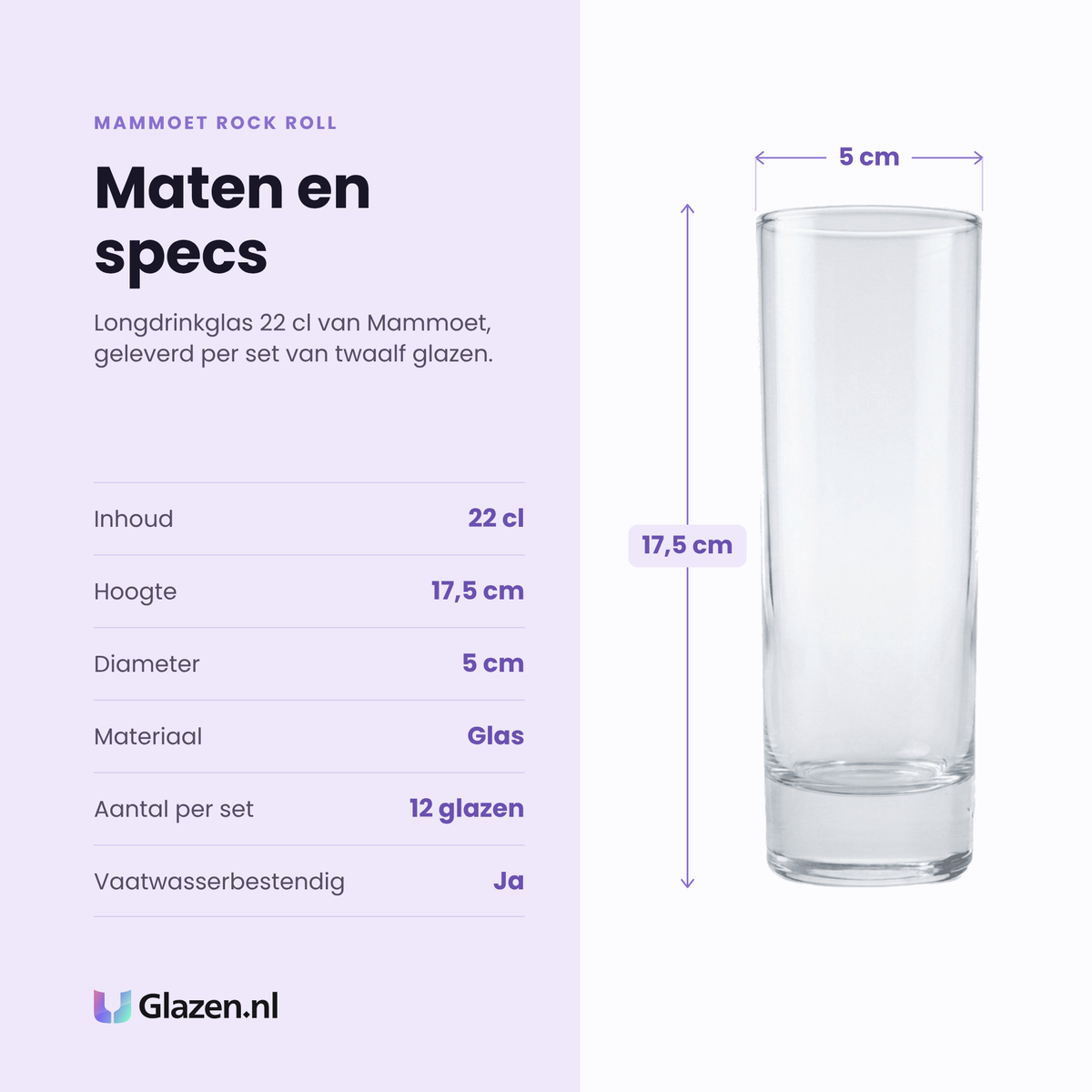 Mammoet Rock Roll longdrinkglas 22 cl specificaties: inhoud 22 cl, hoogte 17,5 cm, diameter 5 cm, glas, set van 12