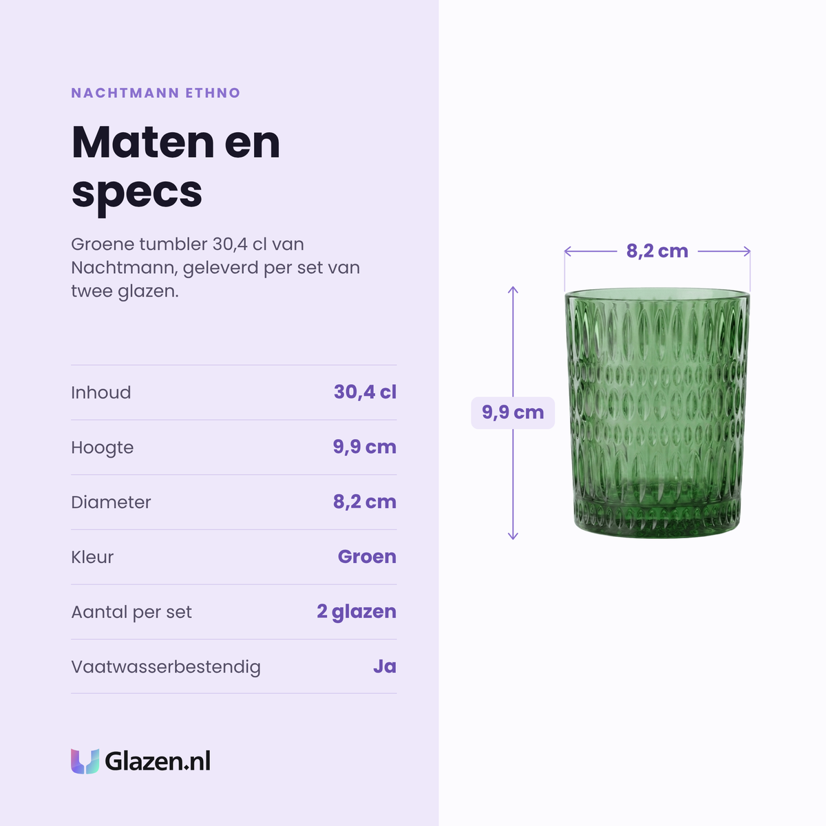 Nachtmann Ethno tumbler 30,4 cl groen specificaties: inhoud 30,4 cl, hoogte 9,9 cm, diameter 8,2 cm, groen, set van 2