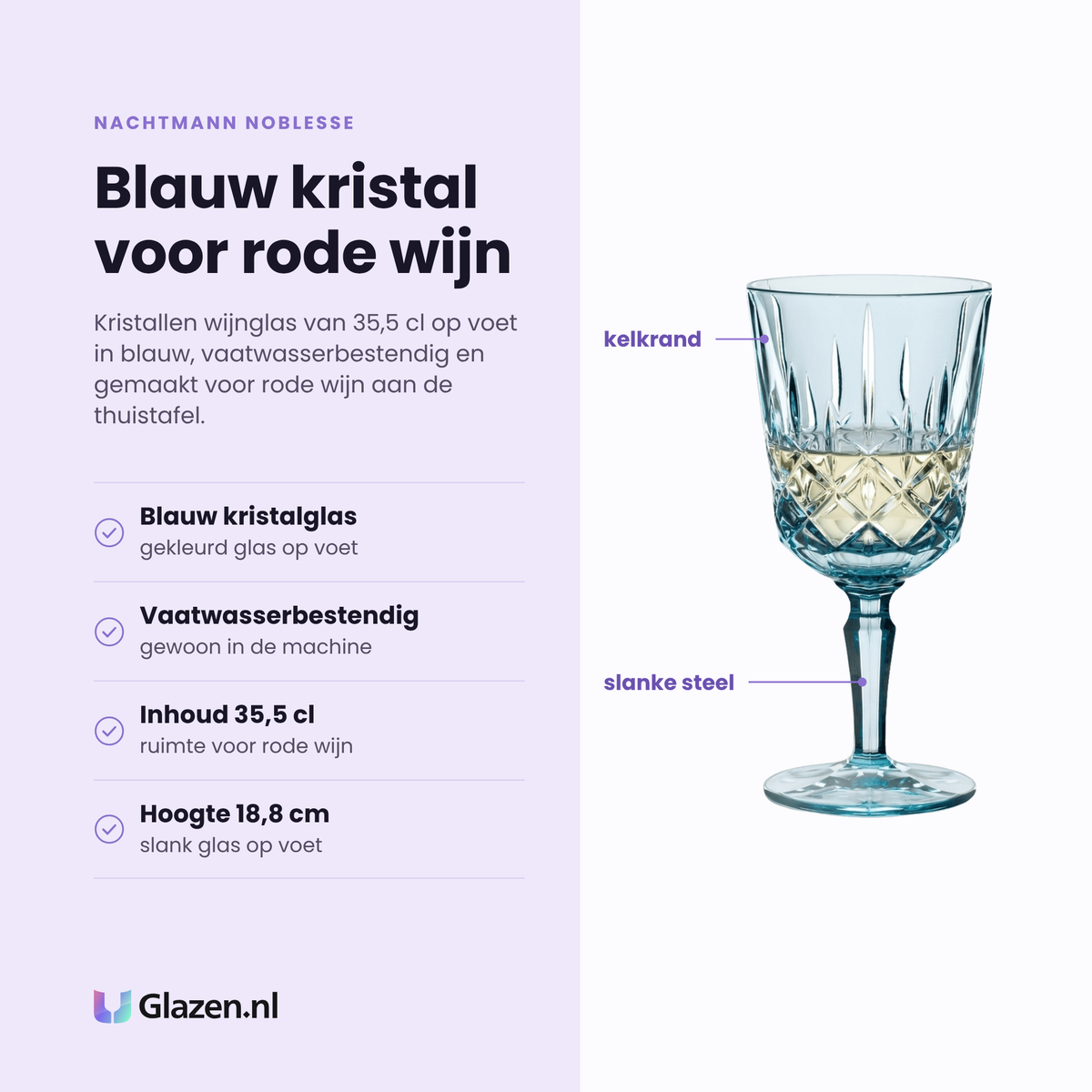 Nachtmann Noblesse wijnglas 35,5 cl eigenschappen: blauw kristalglas, vaatwasserbestendig, inhoud 35,5 cl, hoogte 18,8 cm