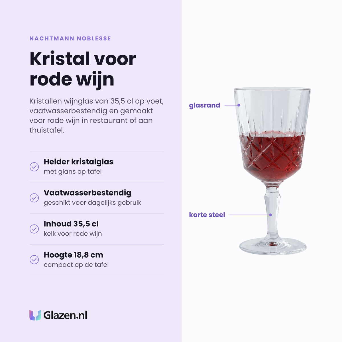 Nachtmann Noblesse wijnglas 35,5 cl eigenschappen: helder kristalglas, vaatwasserbestendig, inhoud 35,5 cl, hoogte 18,8 cm