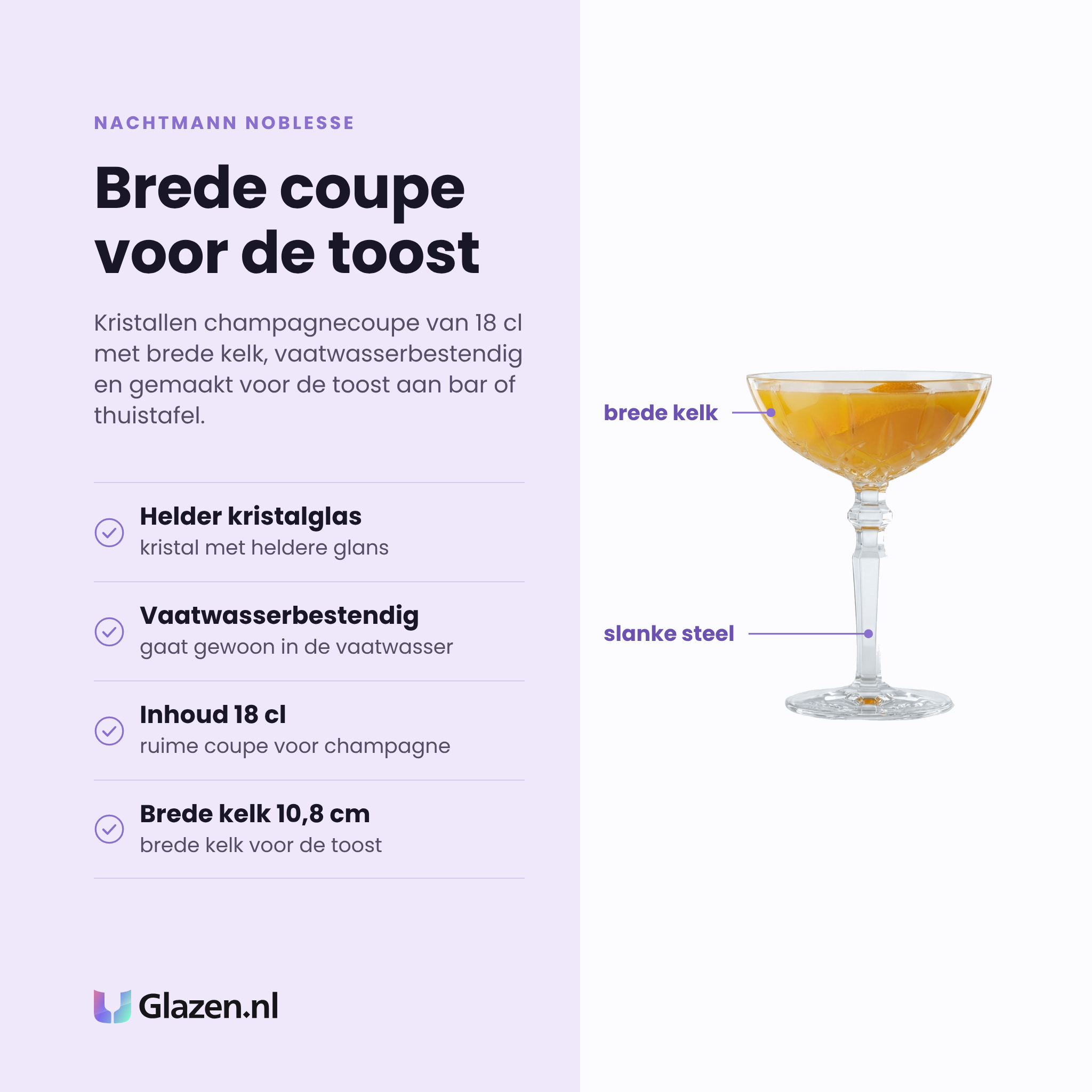 Nachtmann Noblesse champagnecoupe 18 cl eigenschappen: helder kristalglas, vaatwasserbestendig, brede kelk van 10,8 cm, set van twaalf