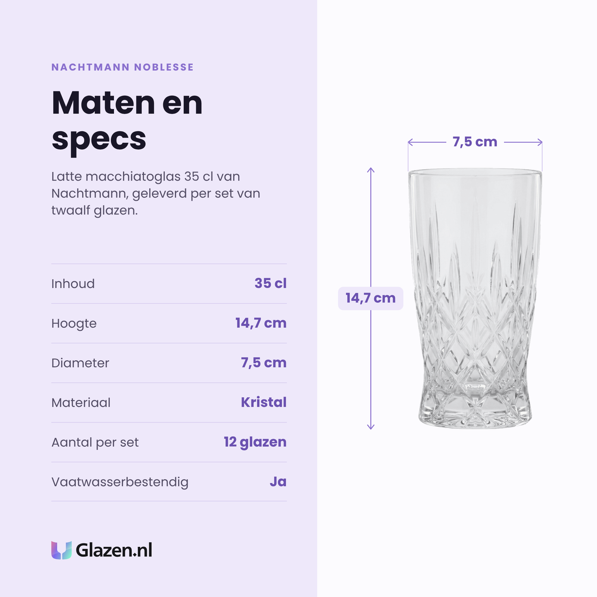 Nachtmann Noblesse latte macchiatoglas 35 cl specificaties: inhoud 35 cl, hoogte 14,7 cm, diameter 7,5 cm, kristal, set van 12