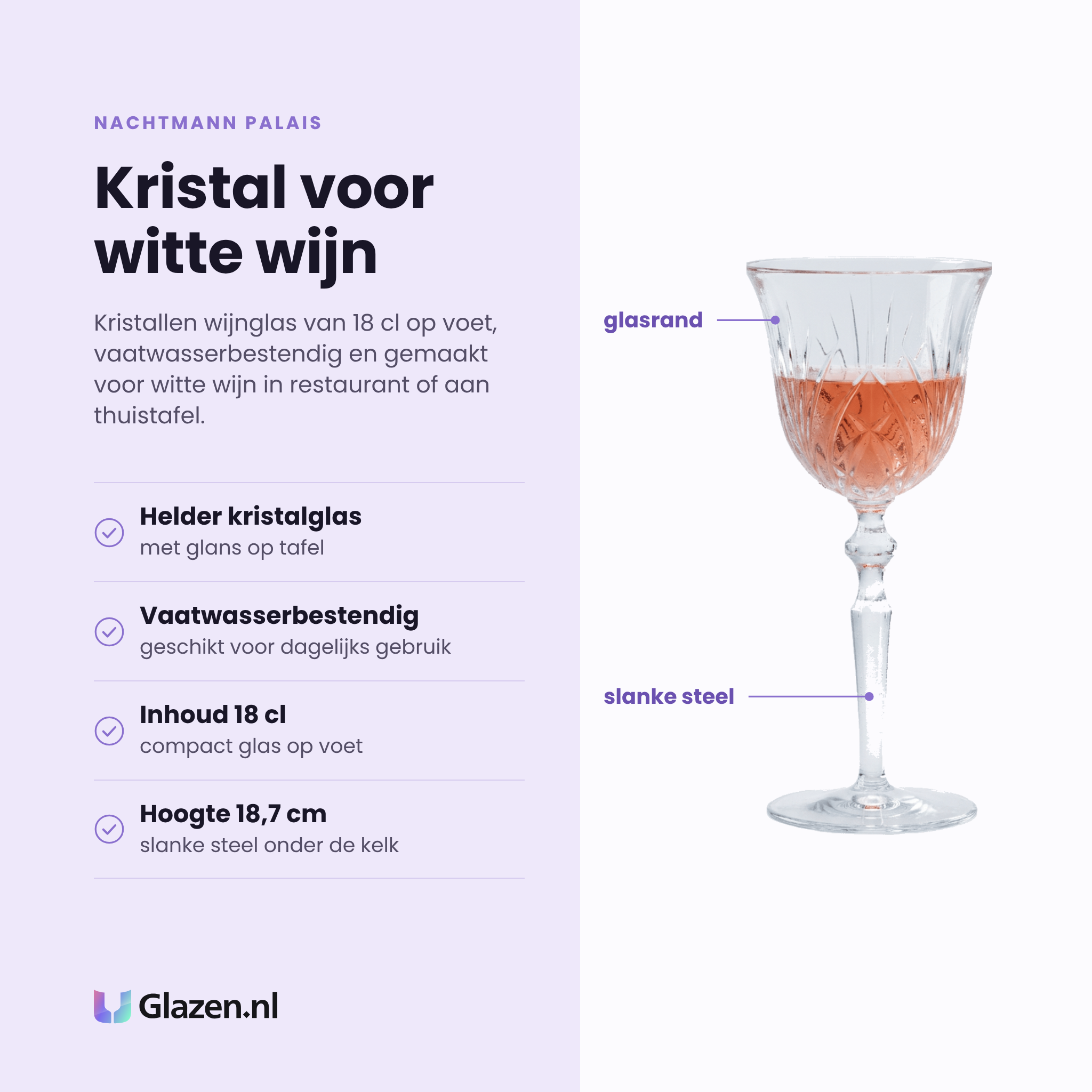 Nachtmann Palais wijnglas 18 cl eigenschappen: helder kristalglas, vaatwasserbestendig, inhoud 18 cl, hoogte 18,7 cm
