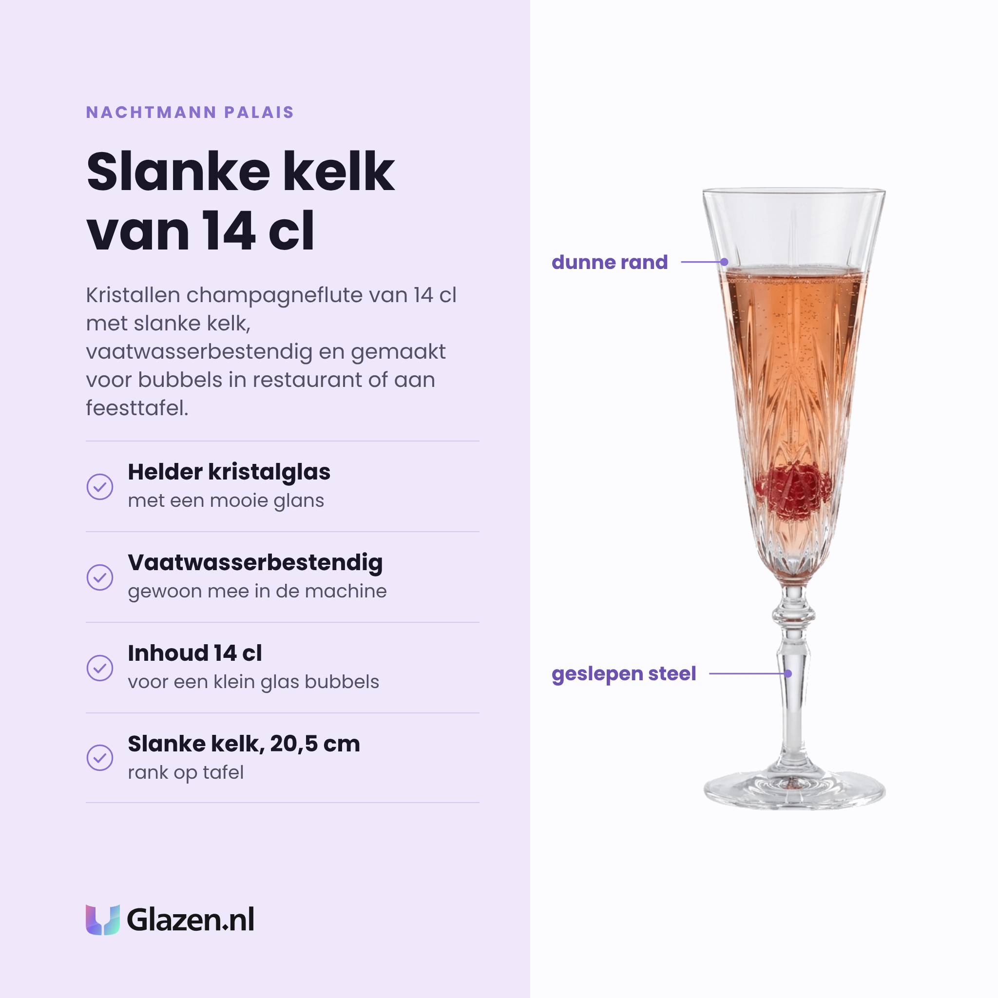 Nachtmann Palais champagneflute 14 cl eigenschappen: helder kristalglas, vaatwasserbestendig, inhoud 14 cl, slanke kelk van 20,5 cm