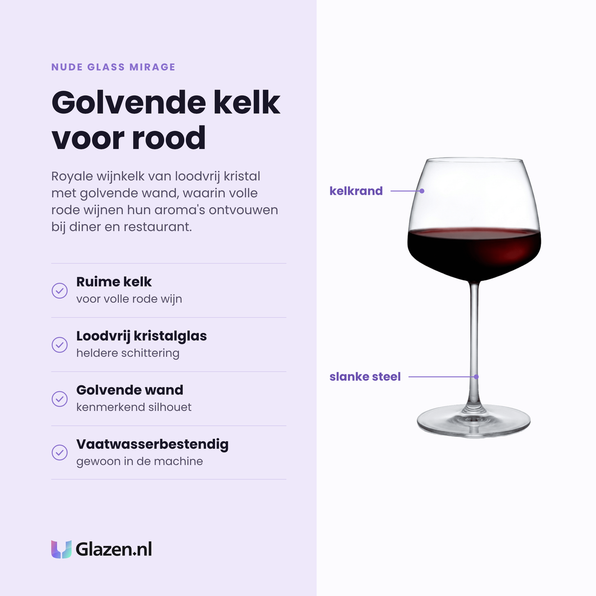 NUDE Glass Mirage wijnglas 57 cl eigenschappen: ruime kelk voor volle rode wijn, loodvrij kristalglas, golvende wand, vaatwasserbestendig