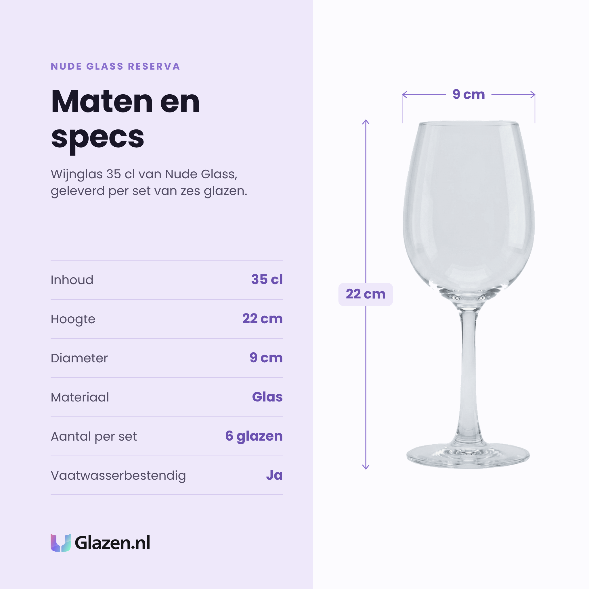 Nude Glass Reserva wijnglas 35 cl specificaties: inhoud 35 cl, hoogte 22 cm, diameter 9 cm, glas, set van 6