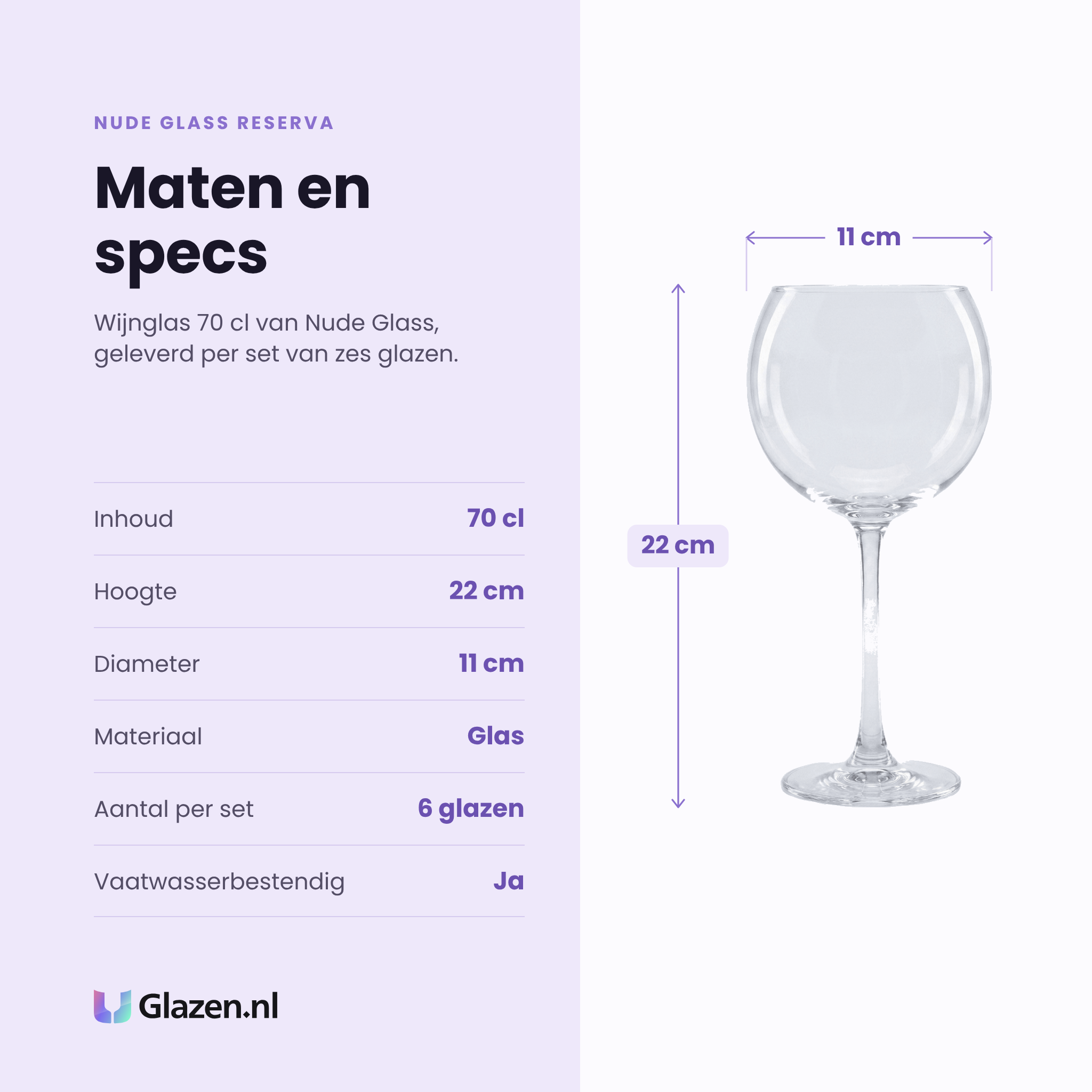 Nude Glass Reserva wijnglas 70 cl specificaties: inhoud 70 cl, hoogte 22 cm, diameter 11 cm, glas, set van 6