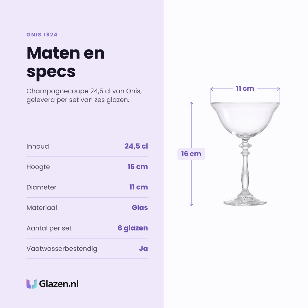 Onis 1924 champagnecoupe 24,5 cl specificaties: inhoud 24,5 cl, hoogte 16 cm, diameter 11 cm, glas, set van 6