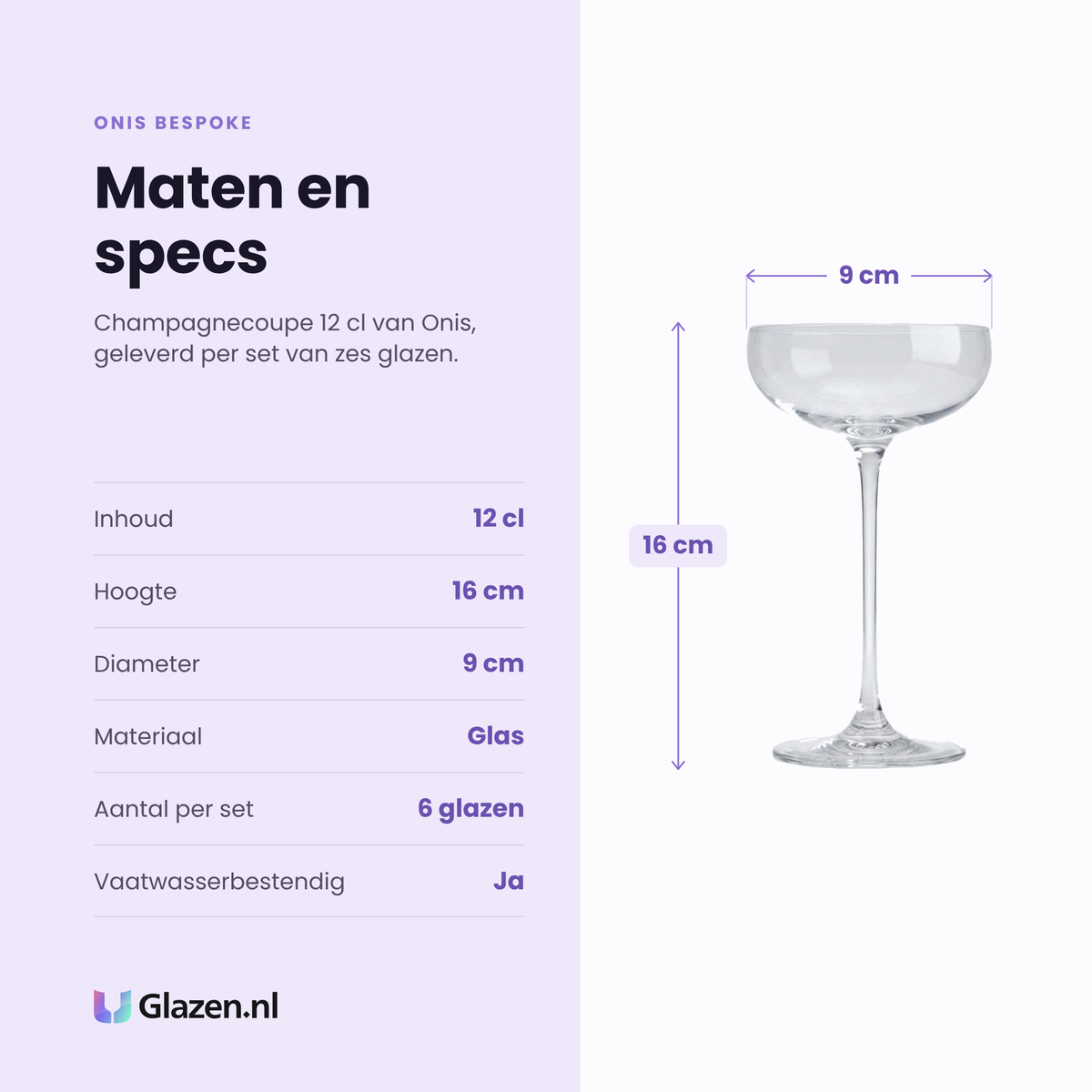 Onis Bespoke champagnecoupe 12 cl specificaties: inhoud 12 cl, hoogte 16 cm, diameter 9 cm, glas, set van 6