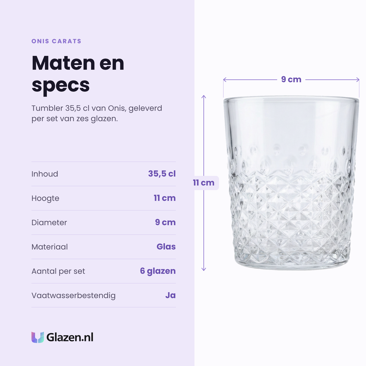 Onis Carats tumbler 35,5 cl specificaties: inhoud 35,5 cl, hoogte 11 cm, diameter 9 cm, glas, set van 6