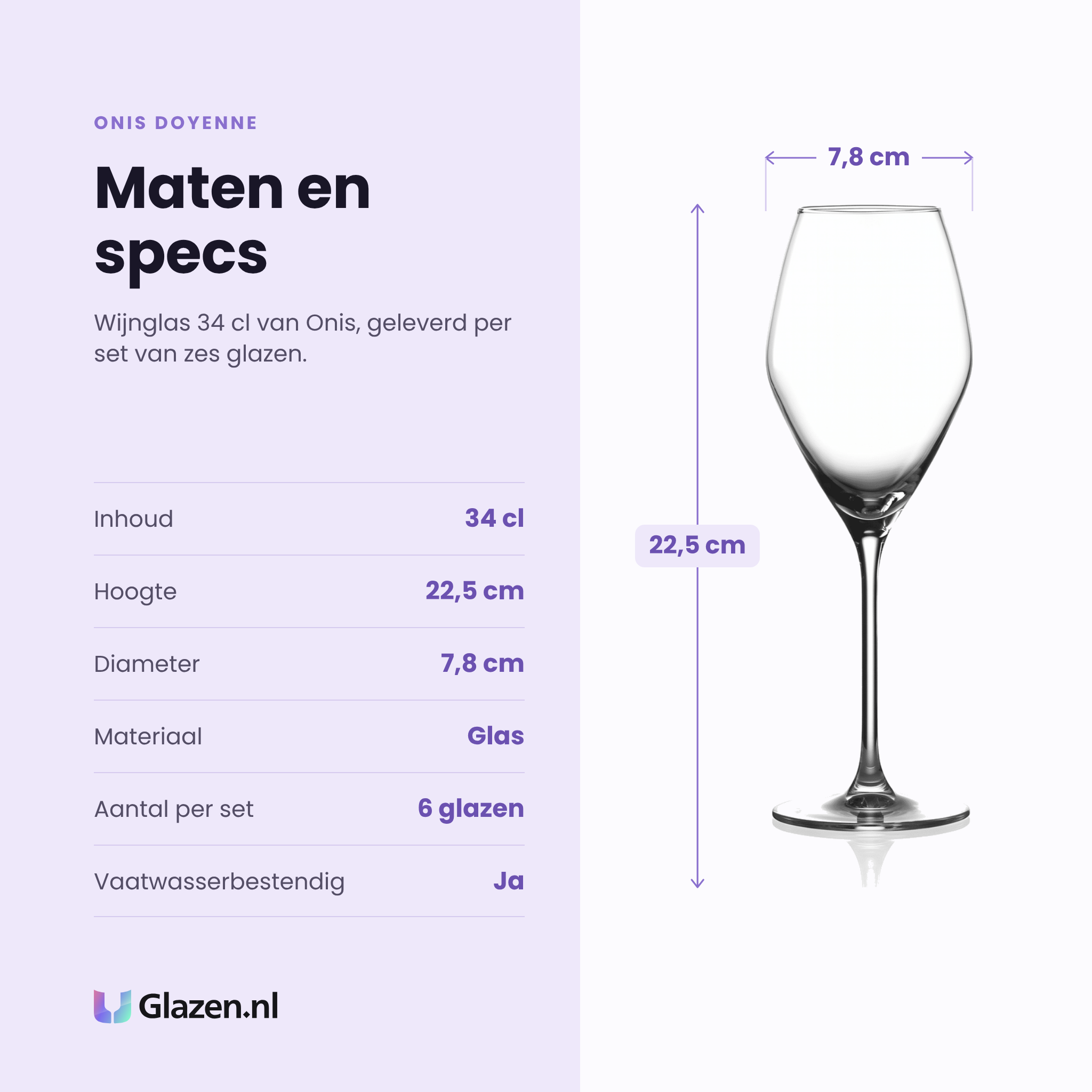 Onis Doyenne wijnglas 34 cl specificaties: inhoud 34 cl, hoogte 22,5 cm, diameter 7,8 cm, glas, set van 6