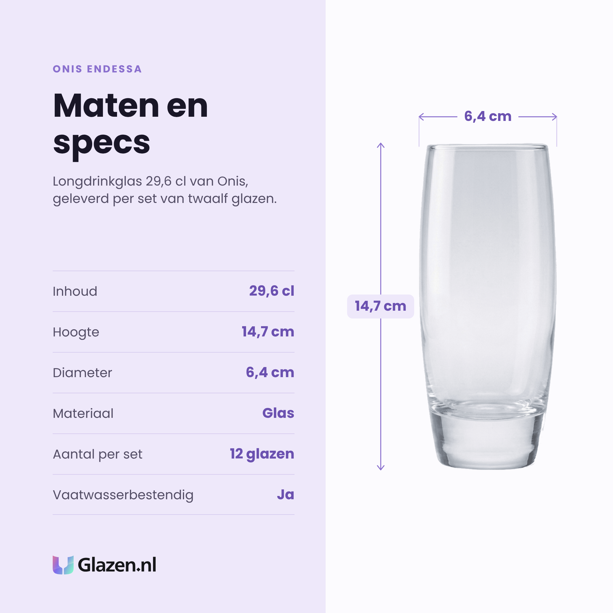 Onis Endessa longdrinkglas 29,6 cl specificaties: inhoud 29,6 cl, hoogte 14,7 cm, diameter 6,4 cm, glas, set van 12