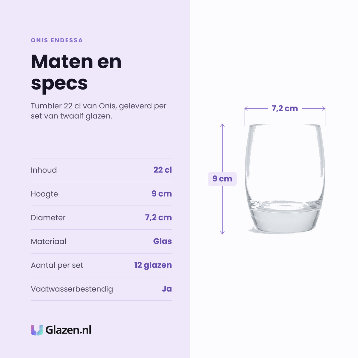 Onis Endessa tumbler 22 cl specificaties: inhoud 22 cl, hoogte 9 cm, diameter 7,2 cm, glas, set van 12