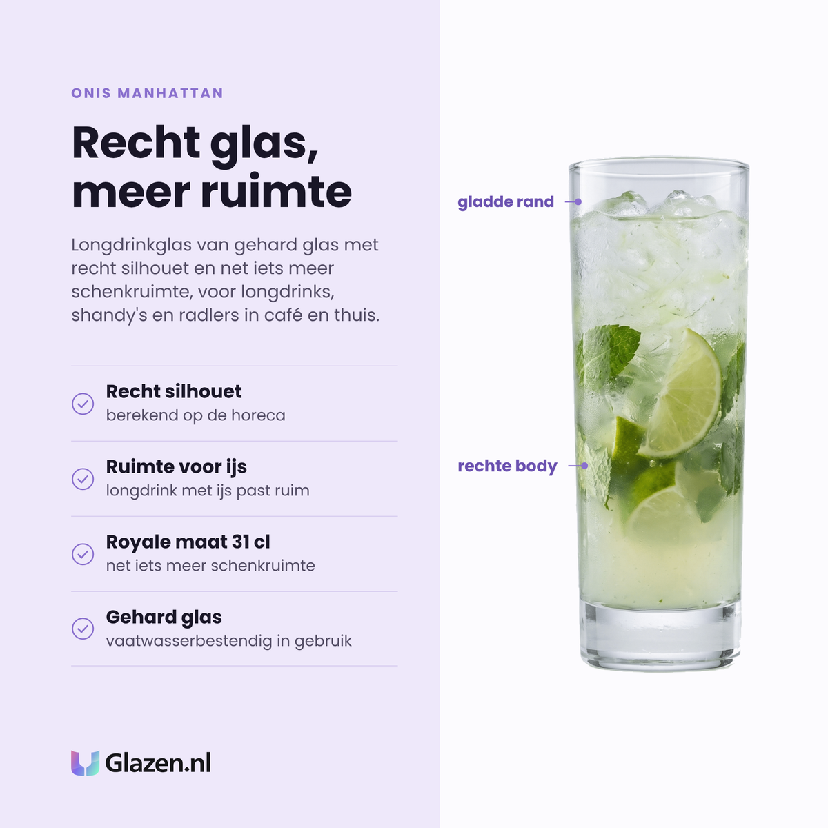 Onis Manhattan longdrinkglas 31 cl eigenschappen: recht silhouet, ruimte voor ijs, royale maat, gehard glas