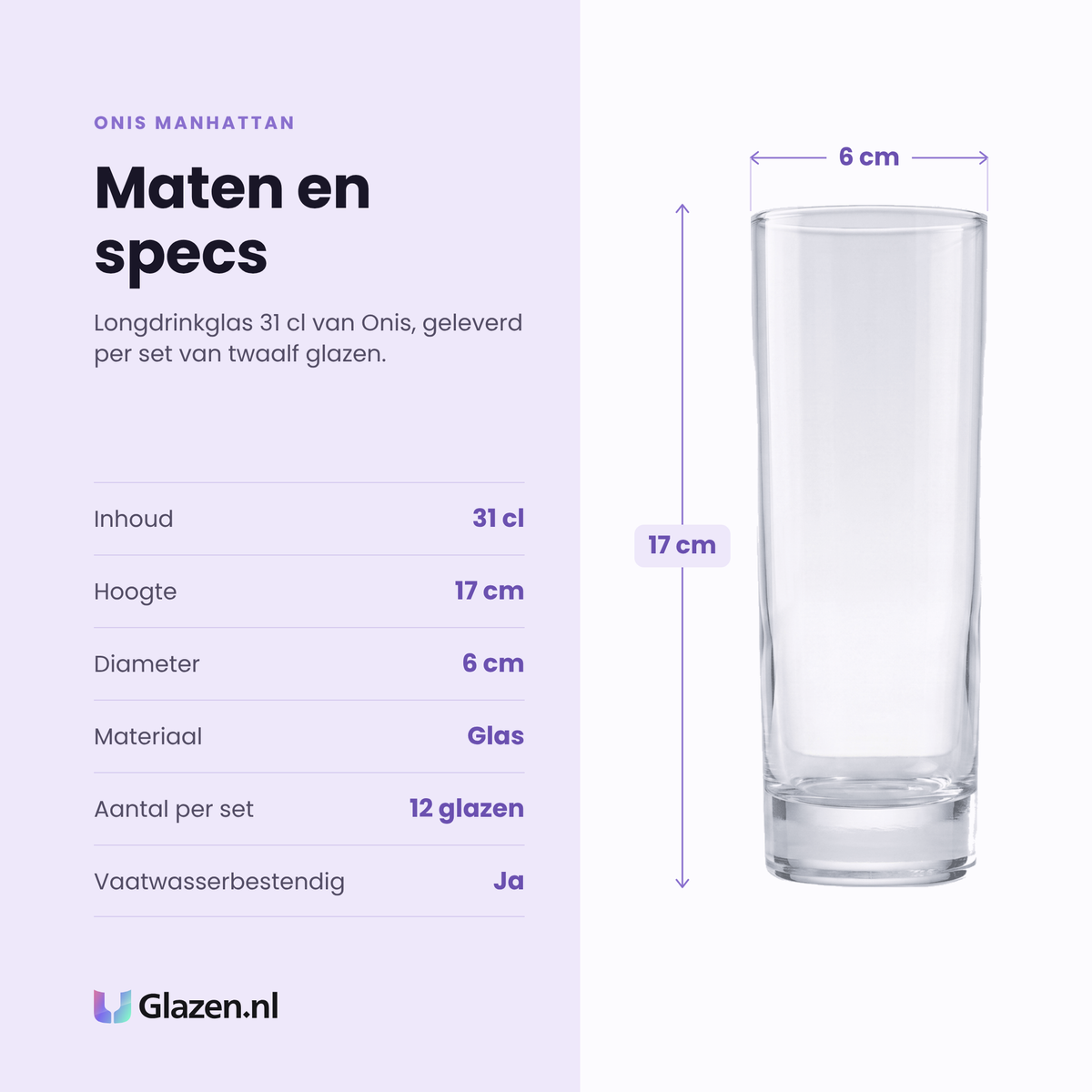 Onis Manhattan longdrinkglas 31 cl specificaties: inhoud 31 cl, hoogte 17 cm, diameter 6 cm, glas, set van 12