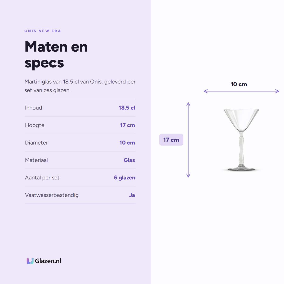 Maten en specificaties van het Onis New Era martiniglas: 18,5 cl, hoogte 17 cm, diameter 10 cm, set van 6