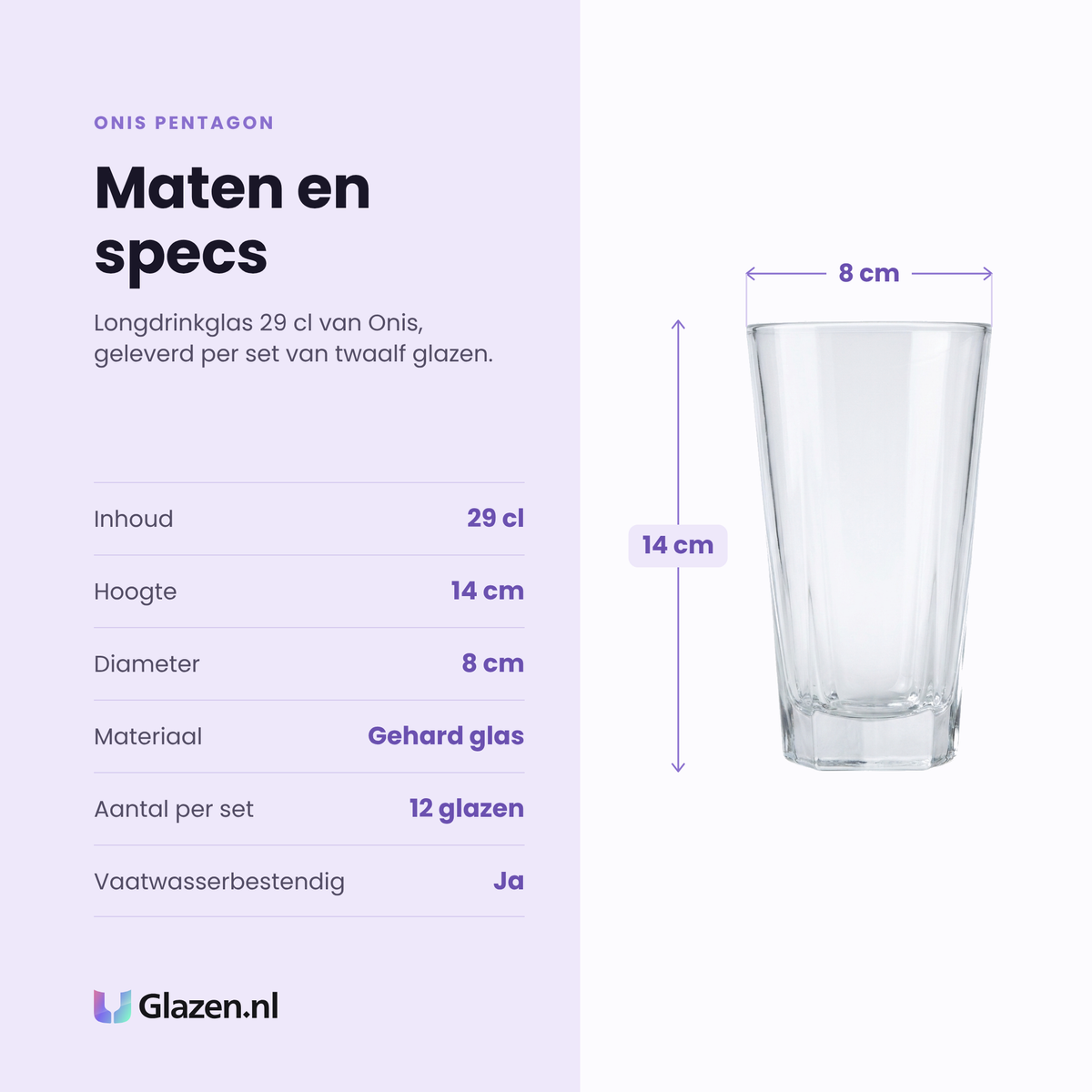 Onis Pentagon longdrinkglas 29 cl specificaties: inhoud 29 cl, hoogte 14 cm, diameter 8 cm, gehard glas, set van 12