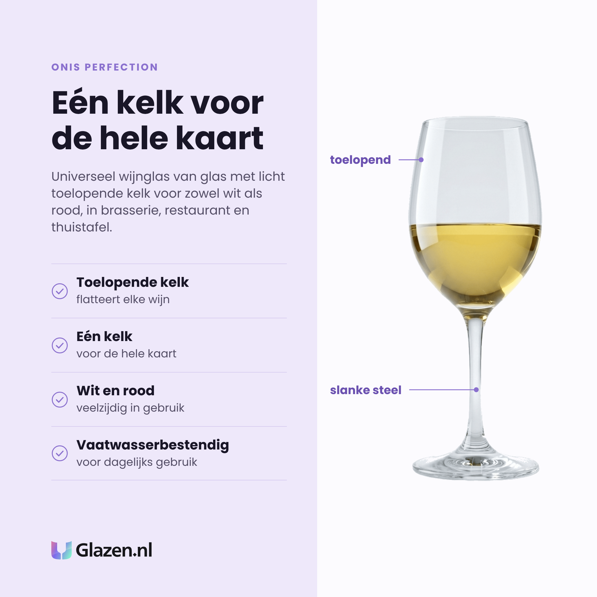Onis Perfection wijnglas 32 cl eigenschappen: toelopende kelk flatteert elke wijn, een kelk voor de hele kaart, geschikt voor wit en rood, vaatwasserbestendig