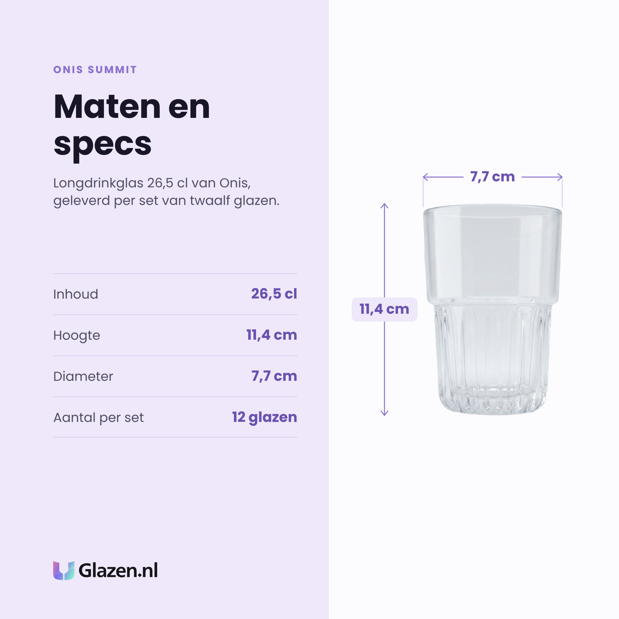 Onis Summit longdrinkglas 26,5 cl specificaties: inhoud 26,5 cl, hoogte 11,4 cm, diameter 7,7 cm, set van 12