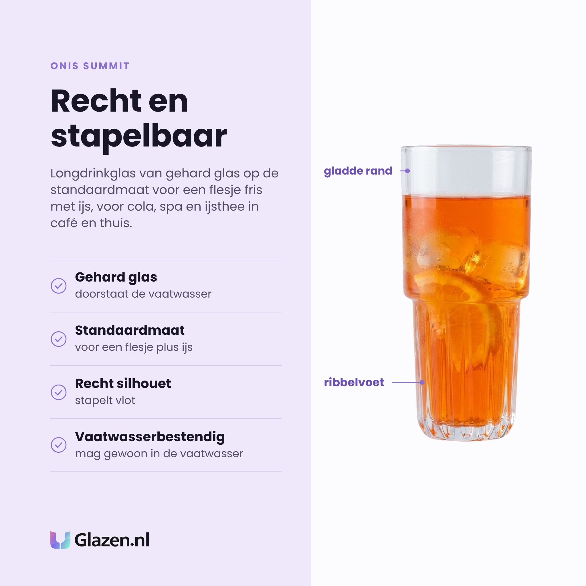 Onis Summit longdrinkglas 29 cl eigenschappen: gehard glas, standaardmaat voor flesje plus ijs, recht silhouet, vaatwasserbestendig