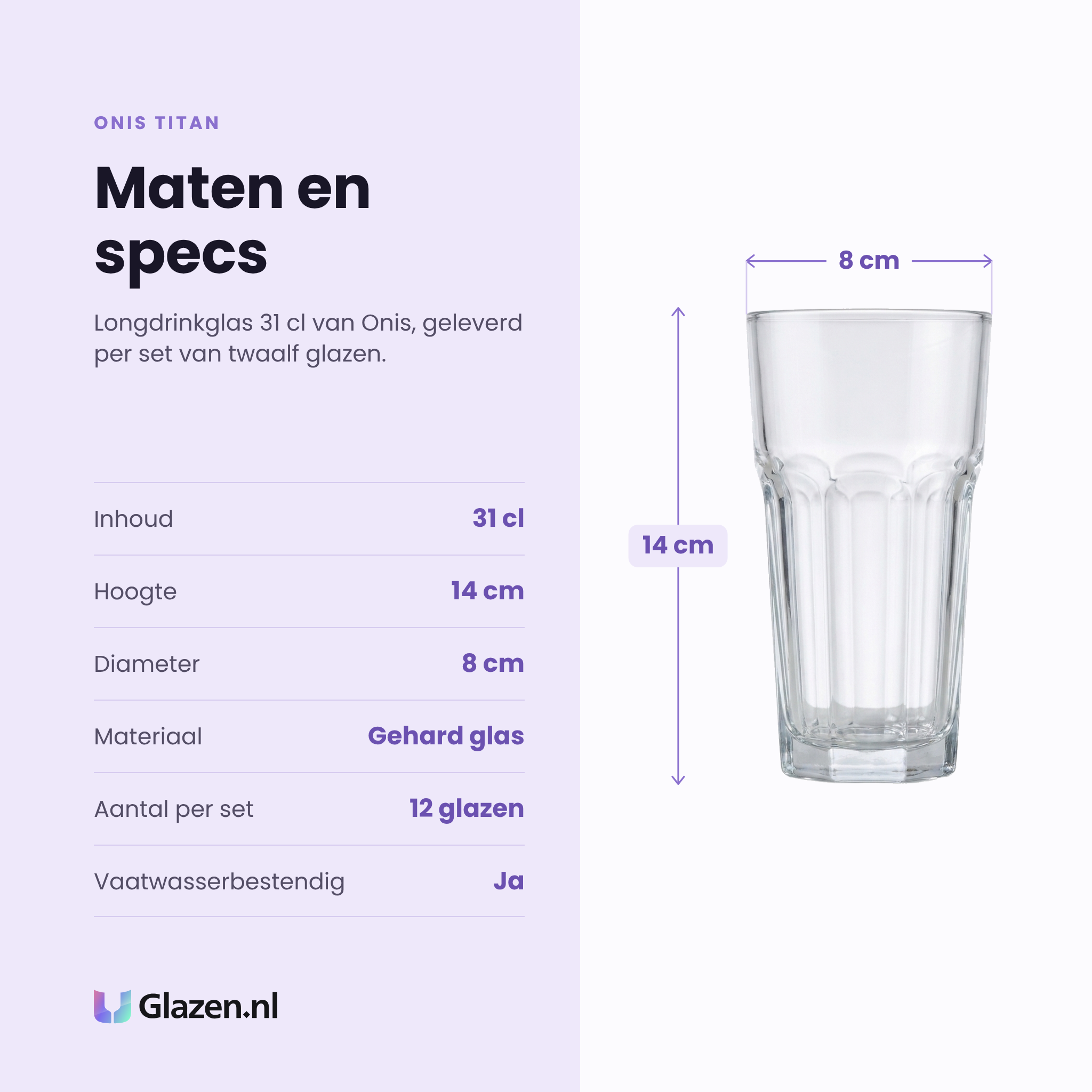 Onis Titan longdrinkglas 31 cl specificaties: inhoud 31 cl, hoogte 14 cm, diameter 8 cm, gehard glas, set van 12