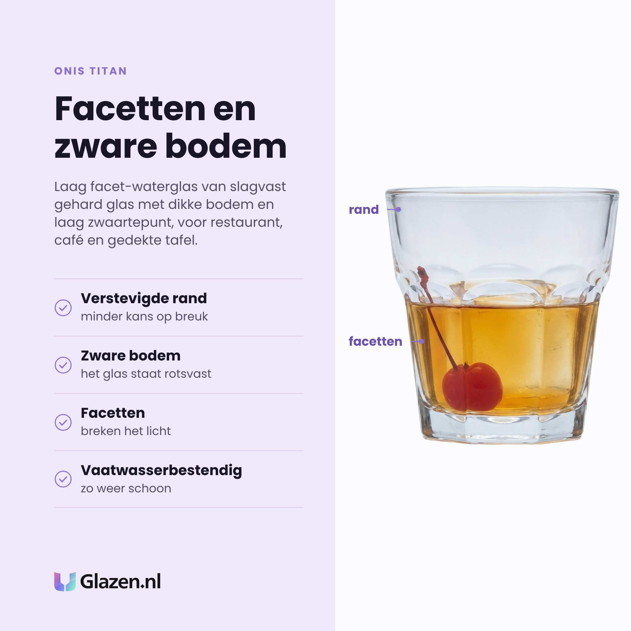 Onis Titan waterglas 20 cl eigenschappen: verstevigde rand, zware bodem, facetten breken het licht, vaatwasserbestendig