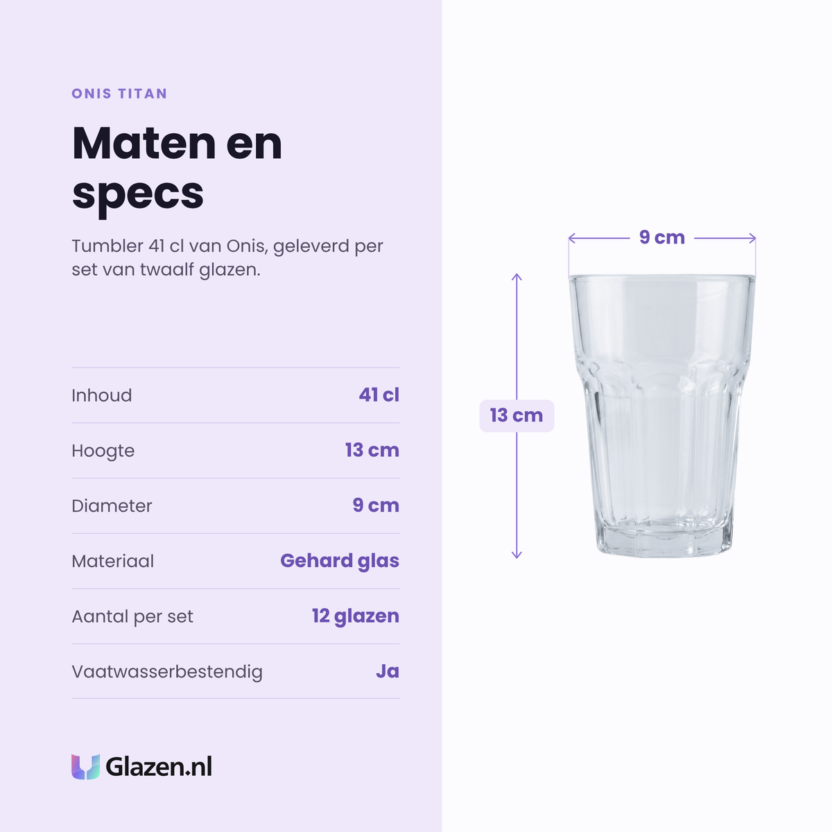Onis Titan tumbler 41 cl specificaties: inhoud 41 cl, hoogte 13 cm, diameter 9 cm, gehard glas, set van 12