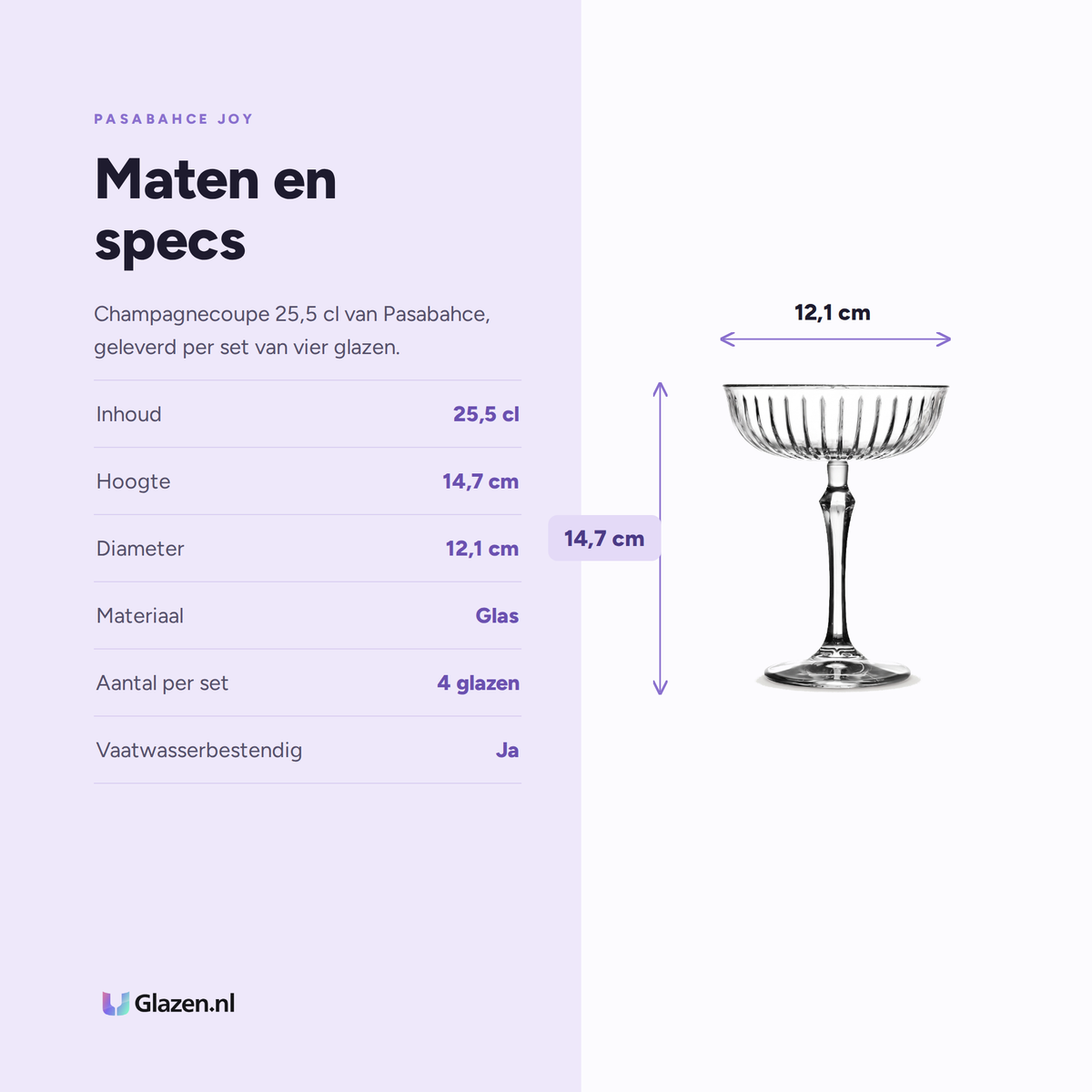 Pasabahce Joy Champagneglas / Coupe 25,5 Cl specificaties: inhoud 25,5 cl, hoogte 14,7 cm, diameter 12,1 cm, materiaal Glas, aantal per set 4 glazen, vaatwasserbestendig Ja