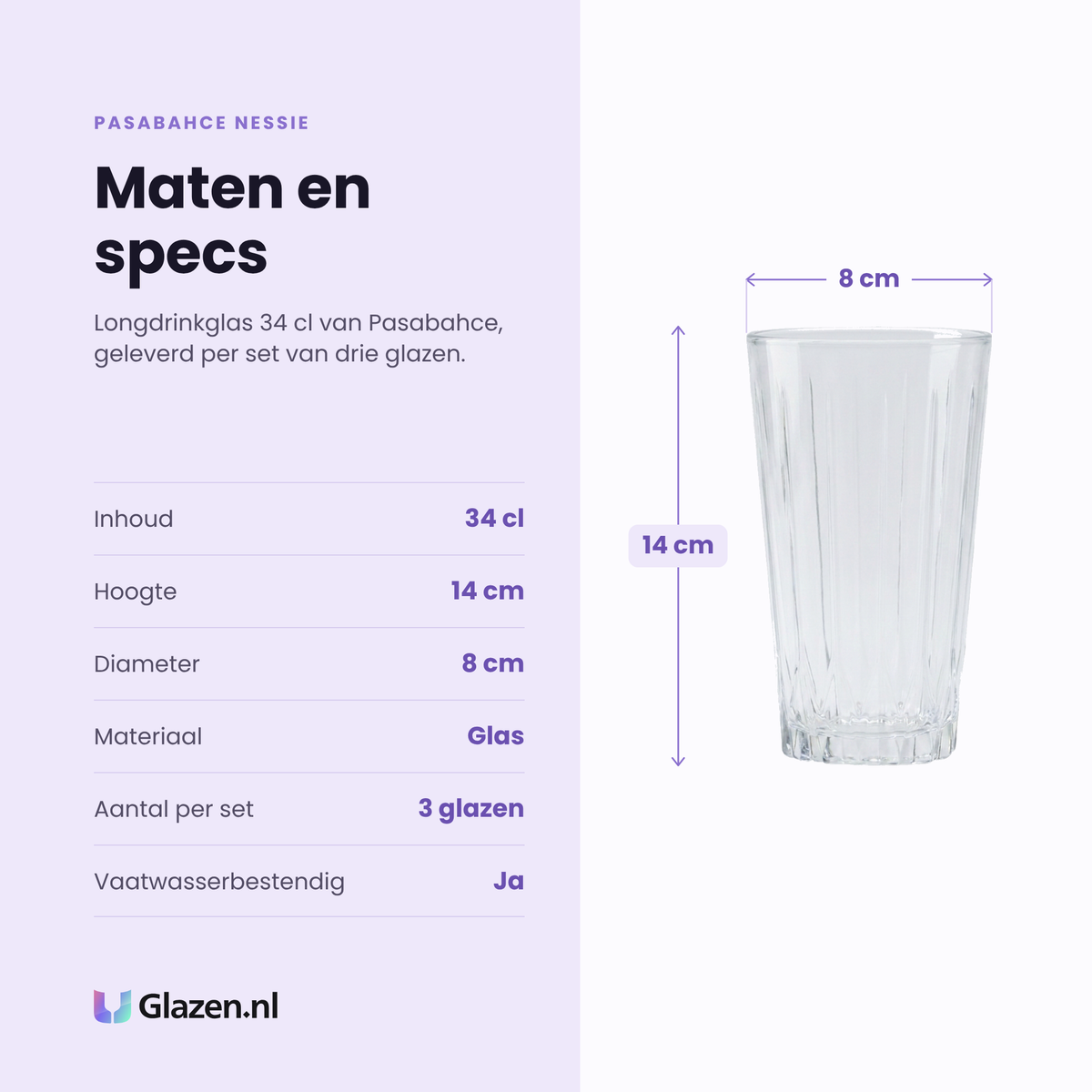 Pasabahce Nessie longdrinkglas 34 cl specificaties: inhoud 34 cl, hoogte 14 cm, diameter 8 cm, glas, set van 3