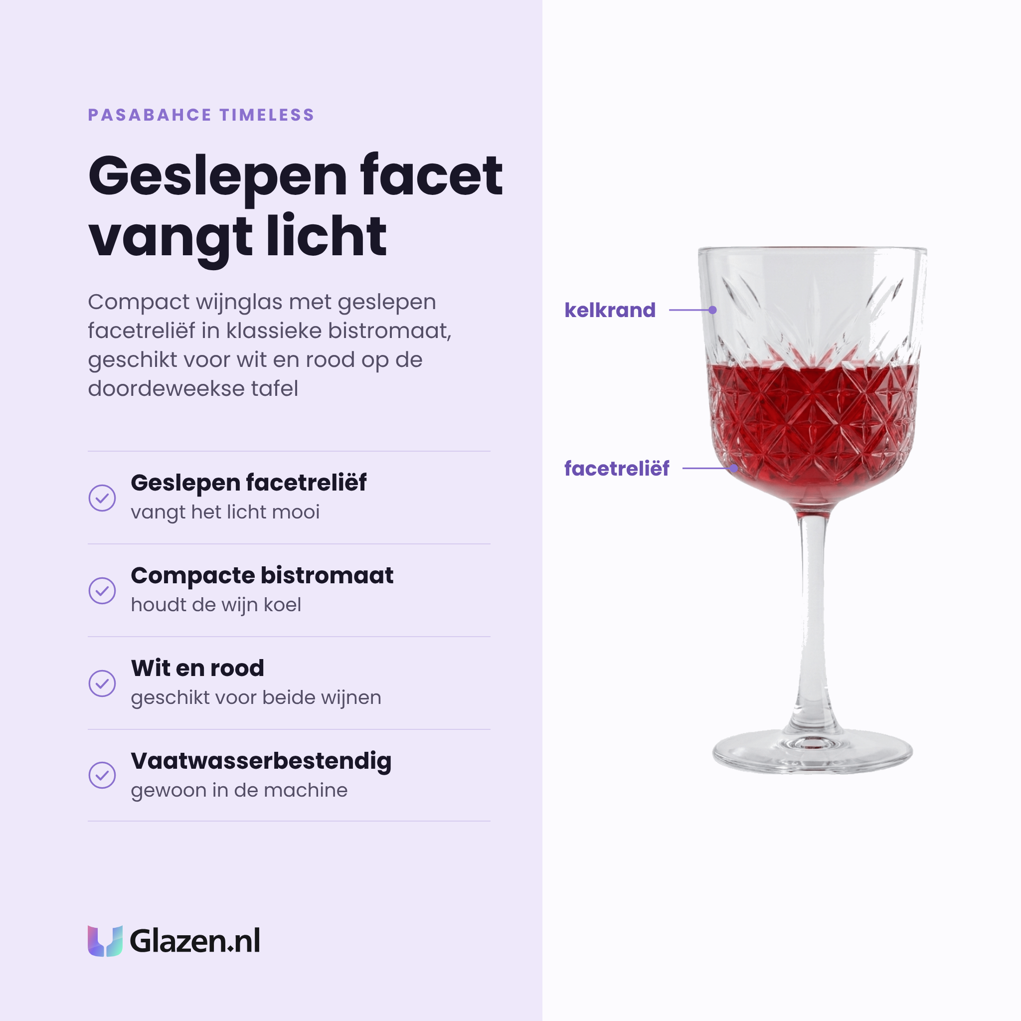 Pasabahce Timeless wijnglas 33 cl eigenschappen: geslepen facetreliëf vangt het licht, compacte bistromaat, geschikt voor wit en rood, vaatwasserbestendig