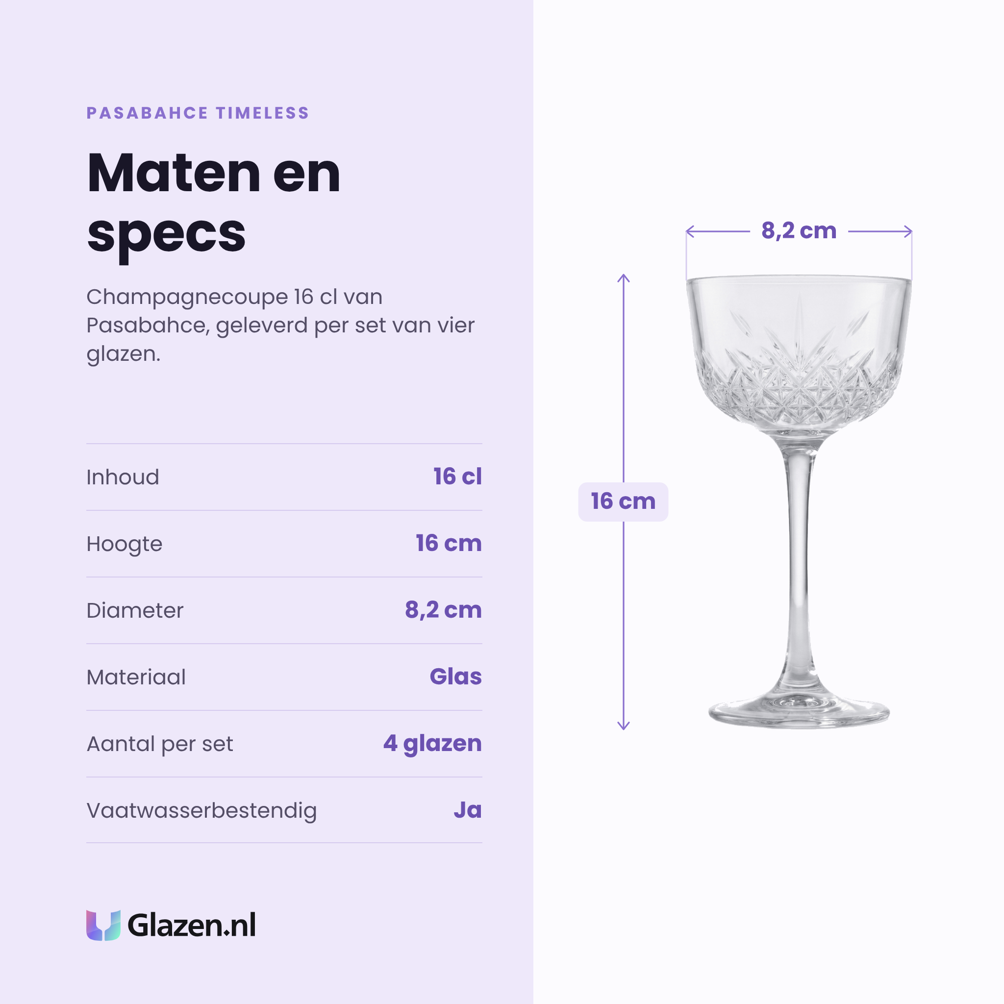 Pasabahce Timeless champagneglas / coupe 16 cl specificaties: inhoud 16 cl, hoogte 16 cm, diameter 8,2 cm, glas, set van 4