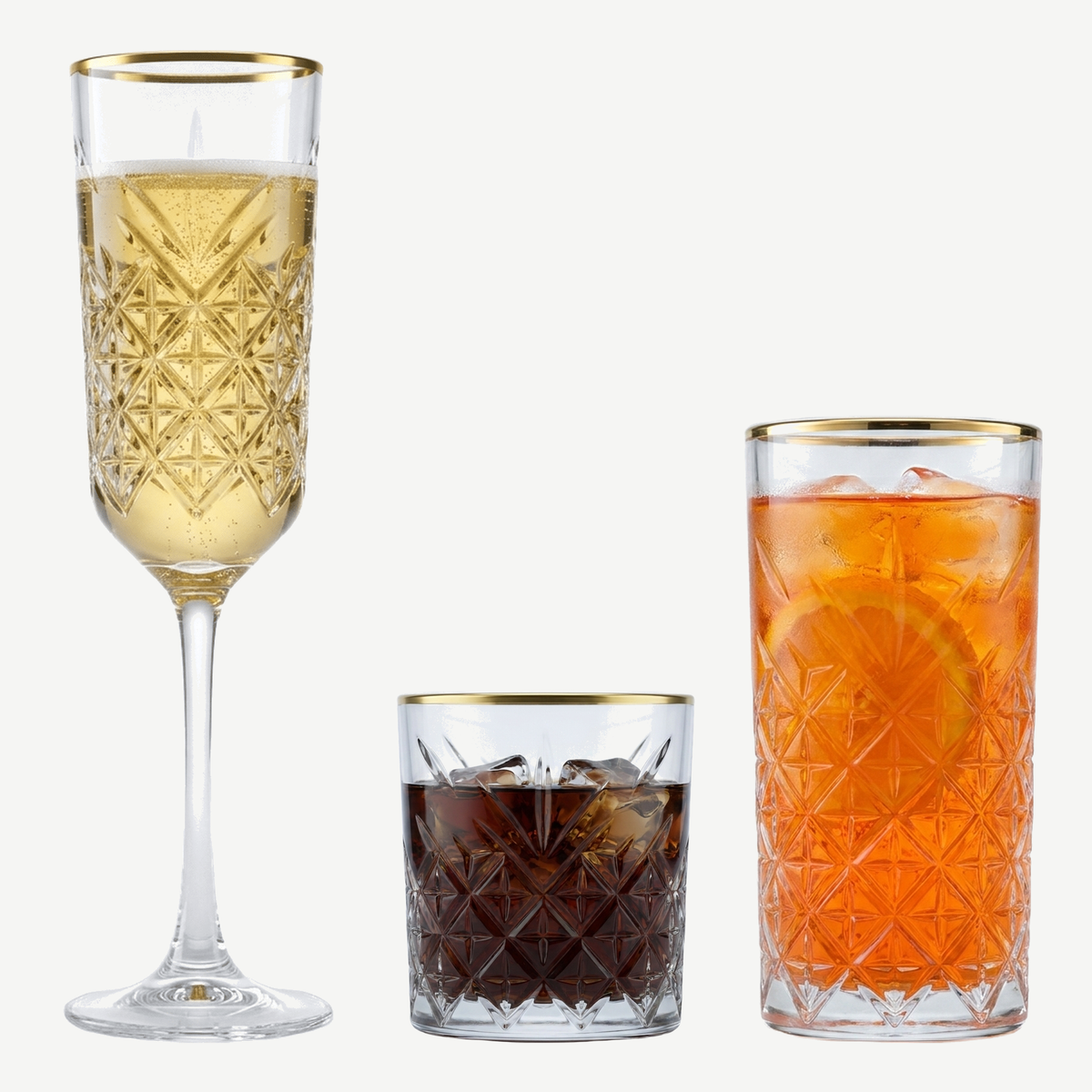 Pasabahce Timeless set met gouden rand, champagneflute, tumbler en longdrinkglas gevuld