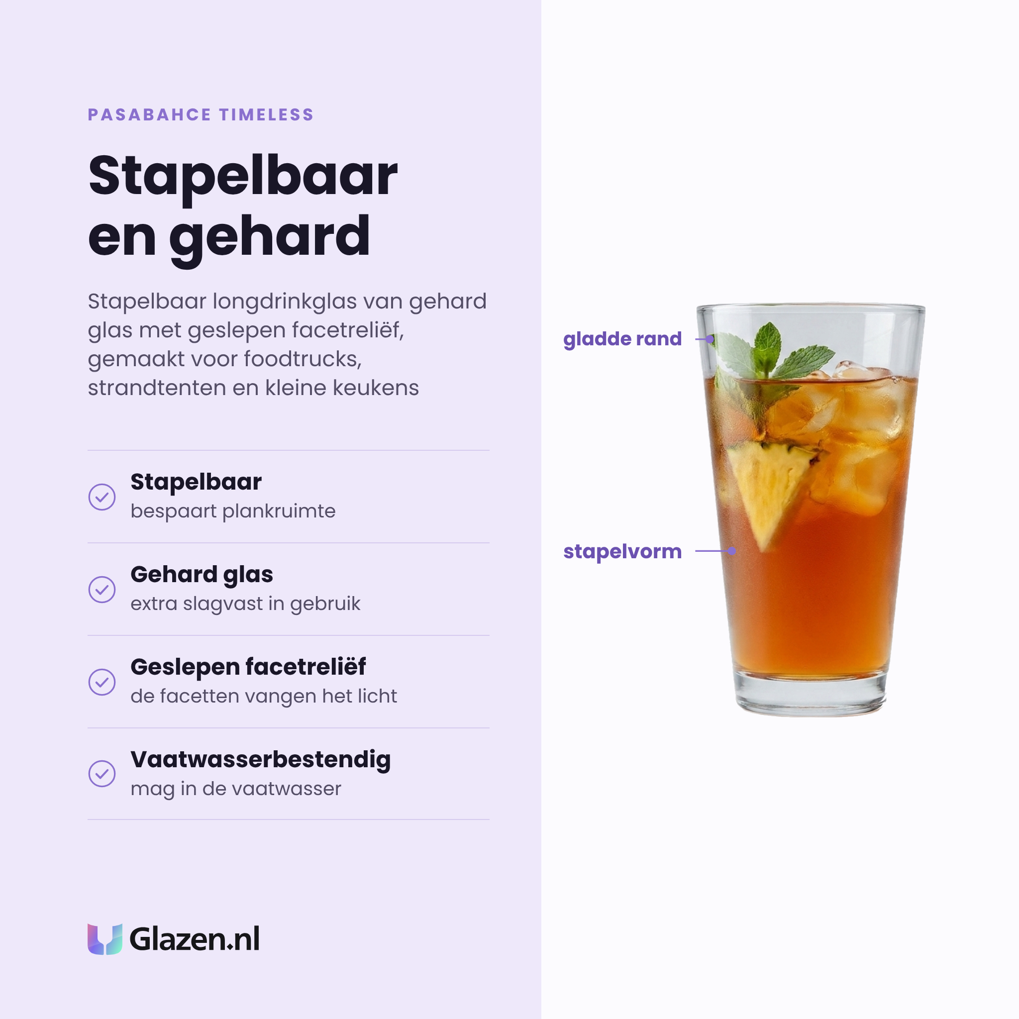 Pasabahce Timeless longdrinkglas 45 cl eigenschappen: stapelbaar, gehard glas, geslepen facetreliëf, vaatwasserbestendig