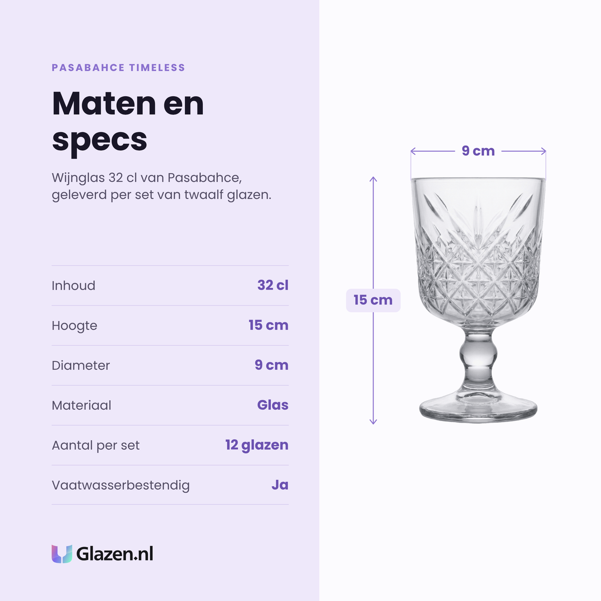 Pasabahce Timeless wijnglas 32 cl specificaties: inhoud 32 cl, hoogte 15 cm, diameter 9 cm, glas, set van 12