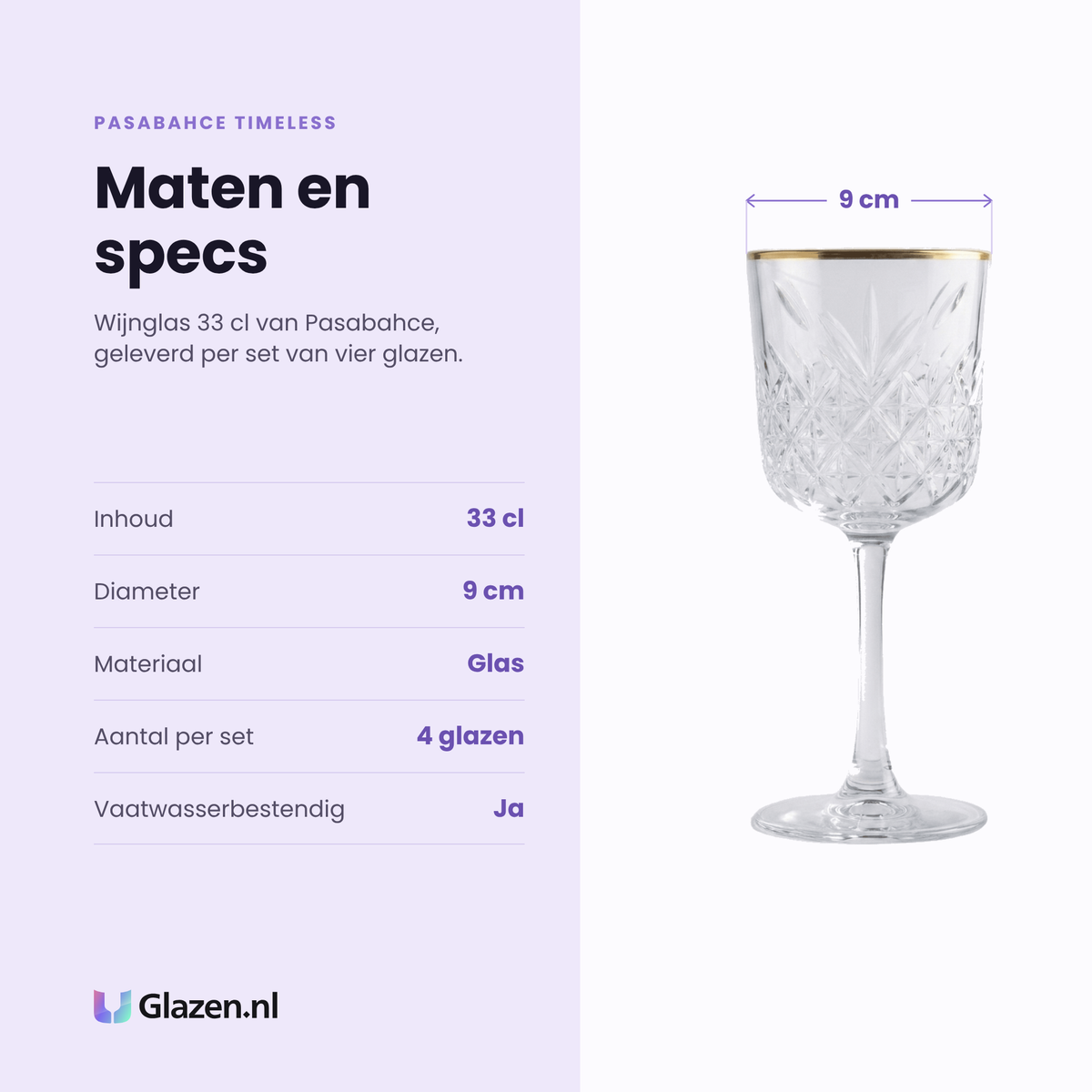 Pasabahce Timeless wijnglas 33 cl met gouden rand specificaties: inhoud 33 cl, diameter 9 cm, glas, set van 4