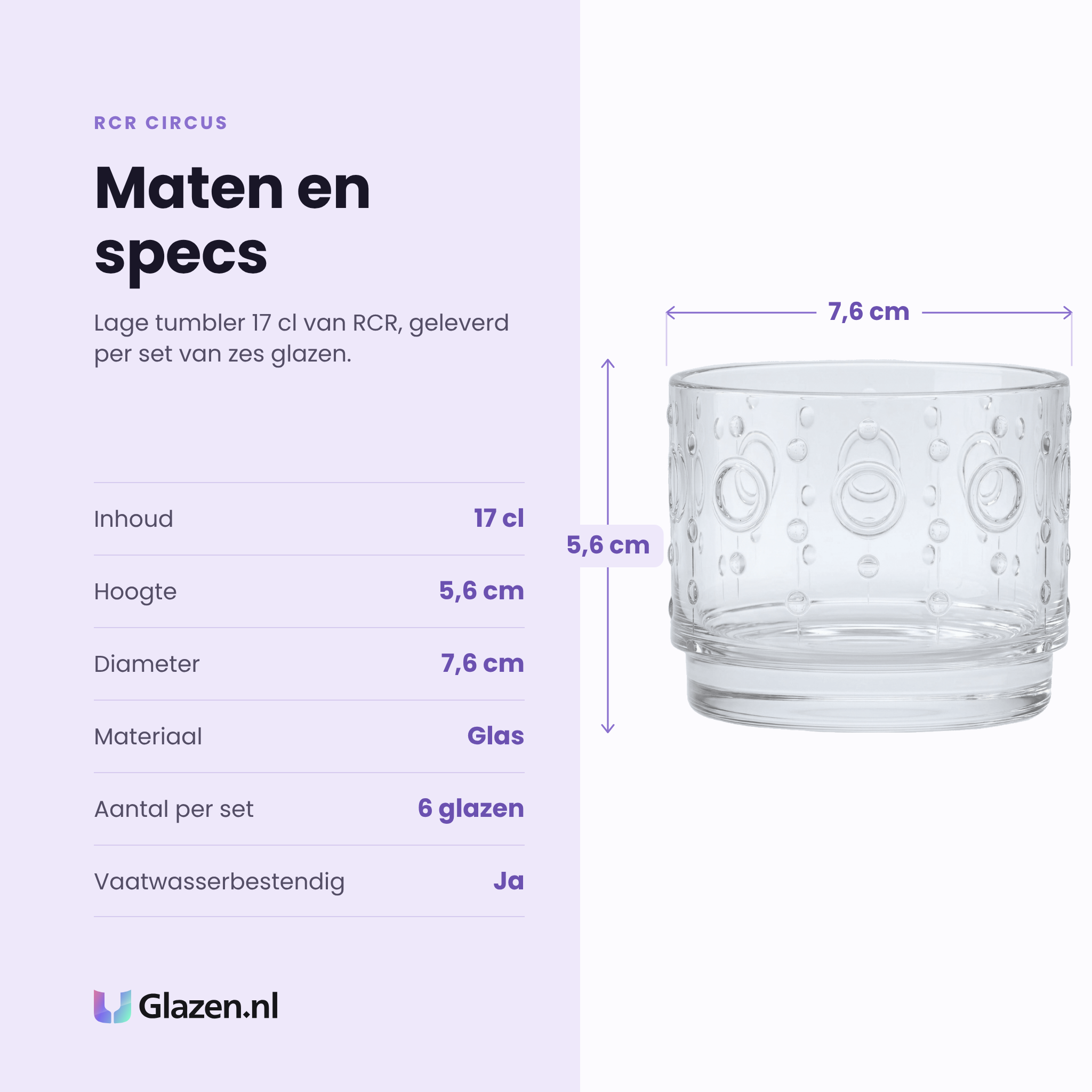 RCR Circus lage tumbler 17 cl specificaties: inhoud 17 cl, hoogte 5,6 cm, diameter 7,6 cm, glas, set van 6